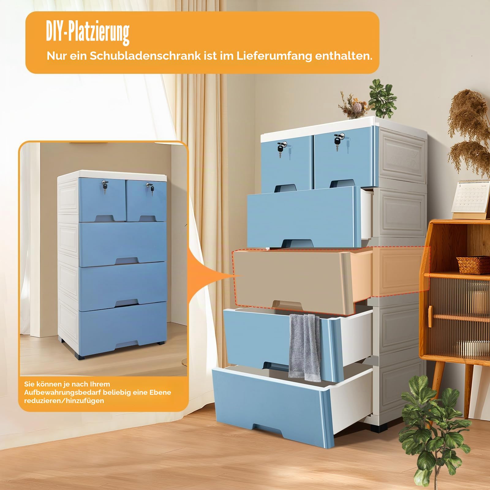 Rollcontainer mit Schubladen, Schubladenschrank 6x Schublade, mit Rollen, Büro Organizer, Schreibtisch Schrank, Rollwagen Unterschrank, Mobiler Schubladenschrank, Aufbewahrungsschrank Office -Blau