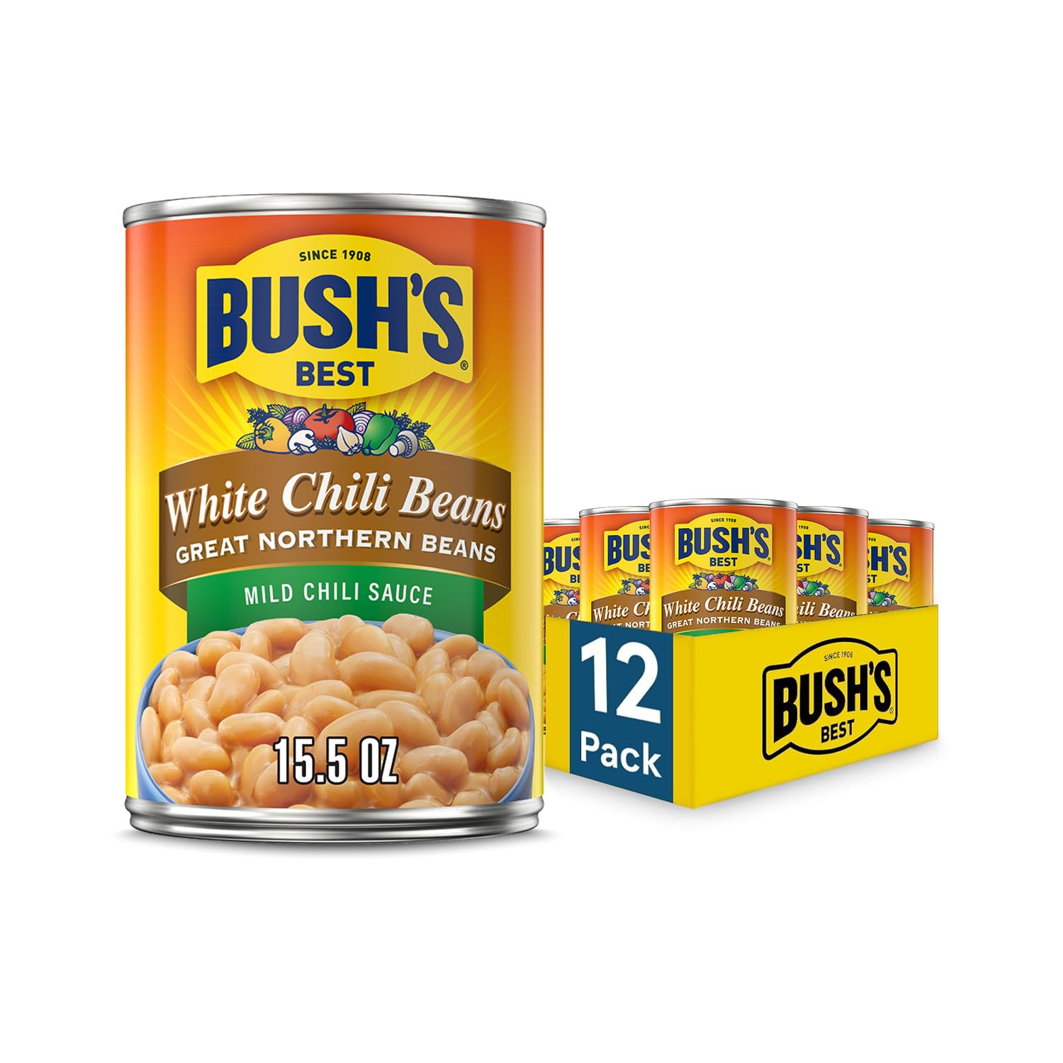 Bush's Best Mild White Bean Chili / 15.5 Ounce (Pack of 12) / White Chili Beans Pinto Beans