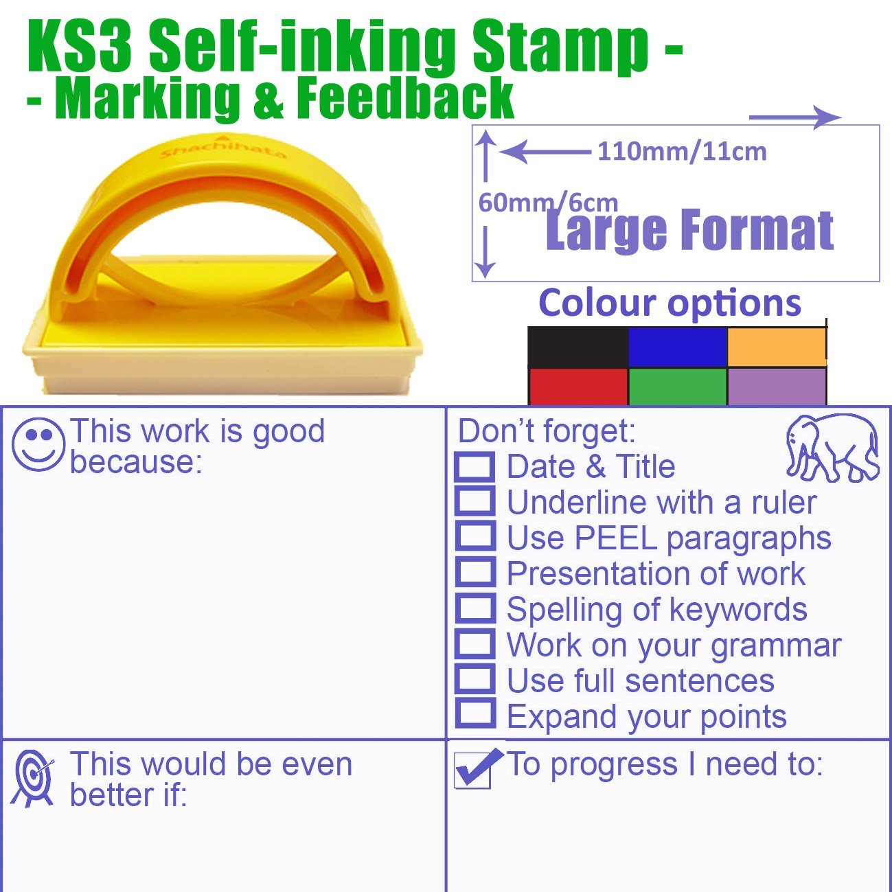 KS3 Writing Skills Feedback Marking Stamper - SPaG, Presentation, Peel, WWW, EBI, Target Setting. 10x5cm (Blue)