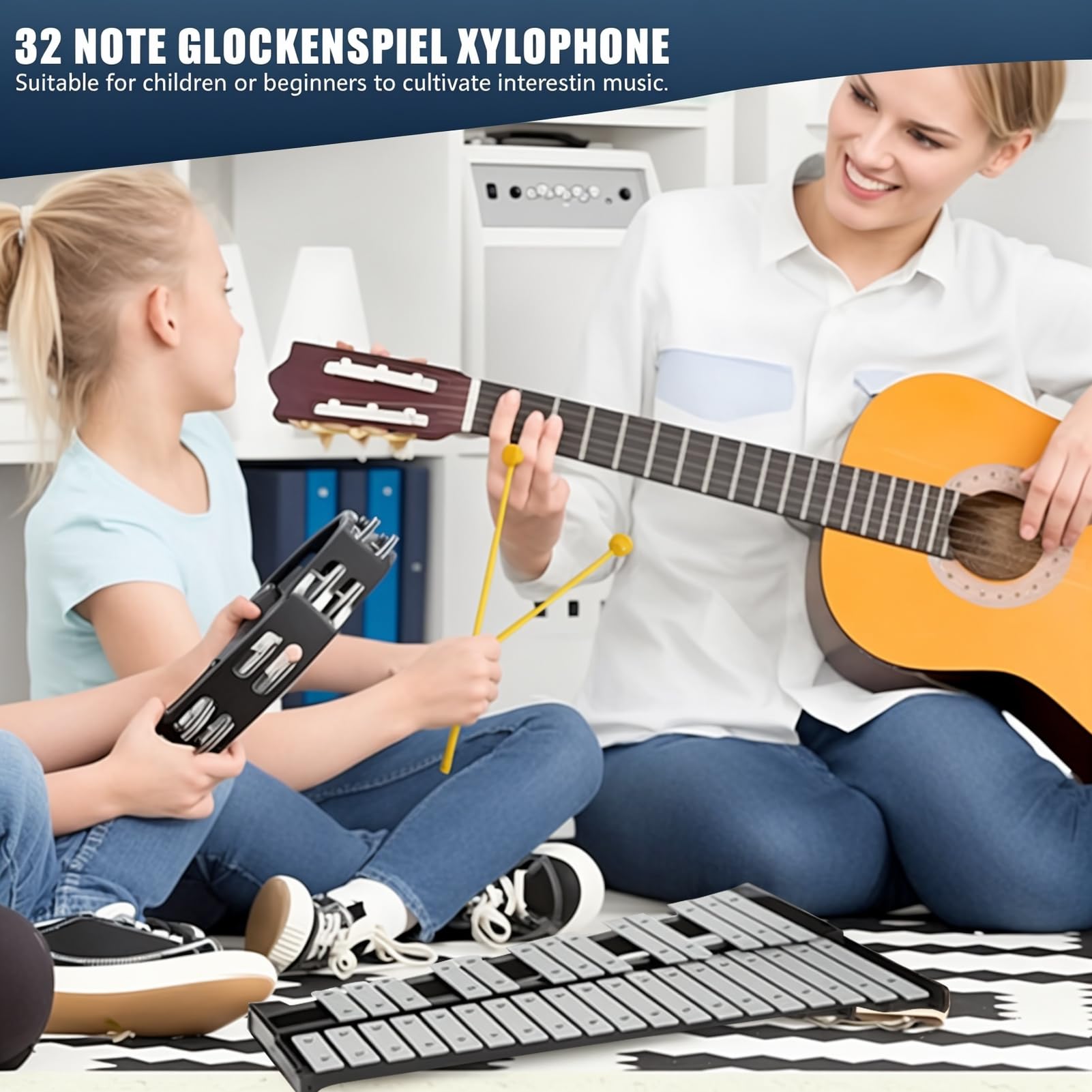 Kit per glockenspiel a 32 note, strumenti a percussione xilofono con piastra in alluminio con supporto regolabile in altezza, mazze da allenamento e bacchette in legno, borsa per il trasporto
