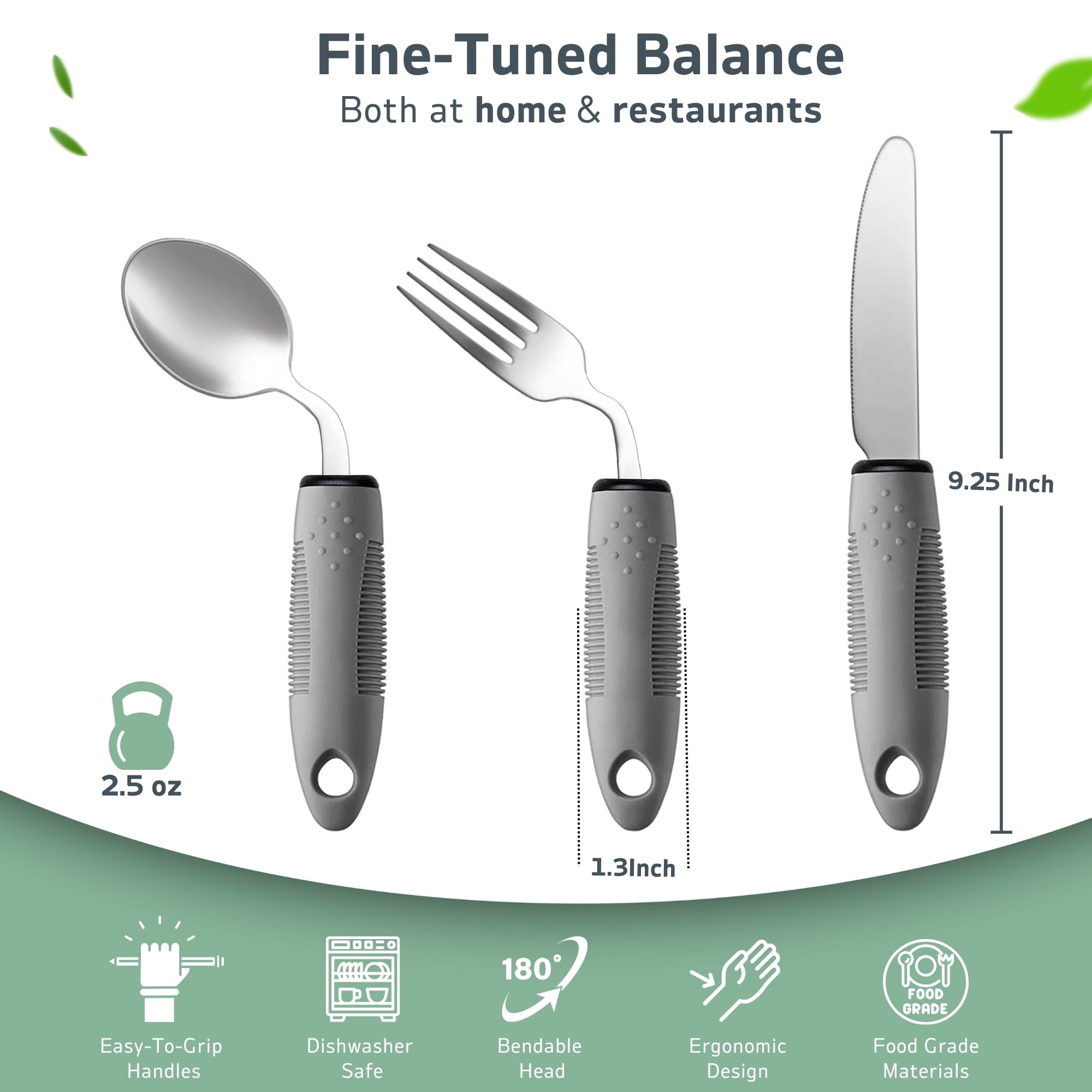 Juego de utensilios adaptativos de 3 piezas, utensilios de Parkinson en ángulo de 42°, utensilios con peso para pacientes con temblores y Parkinson, cubiertos pesados de fácil agarre para temblores de
