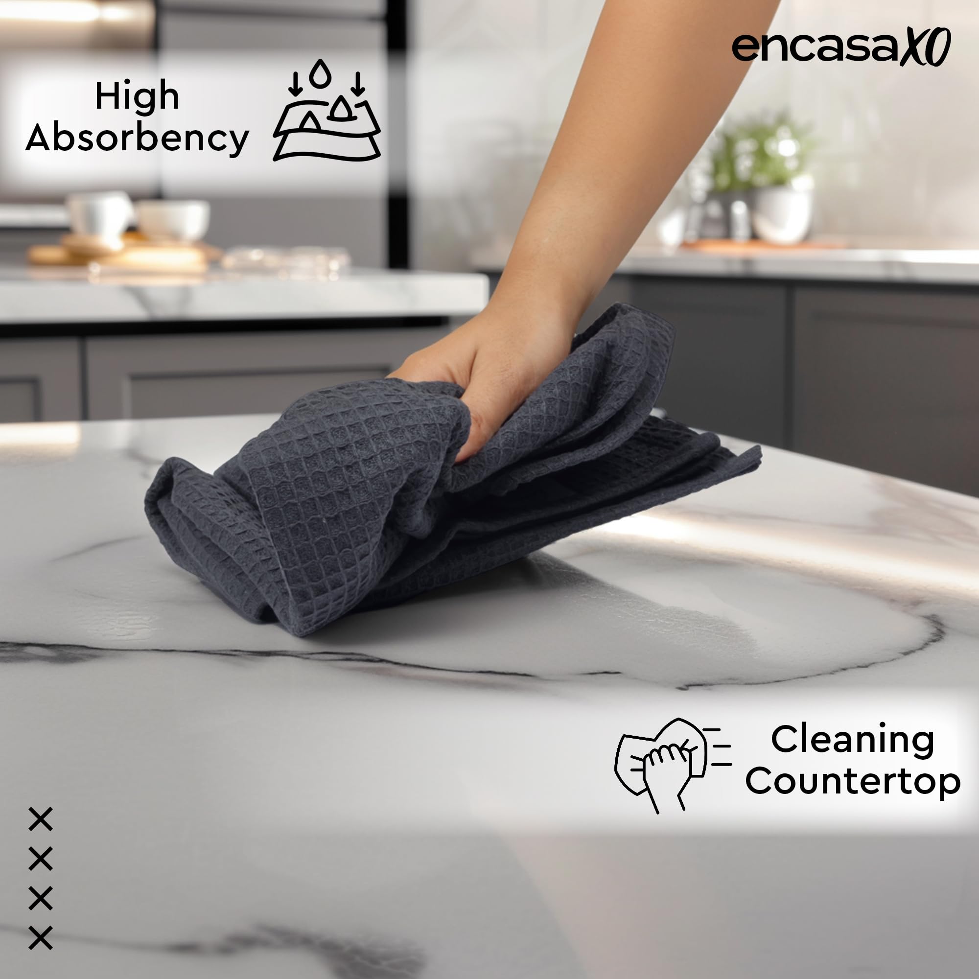 Encasa XO Kitchen Dish Towels Set | Grey | Waffle Weave and Flat Hand Tea Towel | 70x45 cm | Quick Drying Reusable Cotton Washcloths | Multipurpose Lightweight Dishcloths Set of 4 1