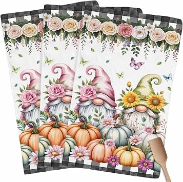 Pastoral Gnomes Floral Pumpkin Kitchen Towels 3 Pack,Microfiber Dish Towel Set Black White Buffalo Plaid Soft Highly Absorbent Tea Hand Towel Quick-Drying Cleaning Towels Dish Cloths