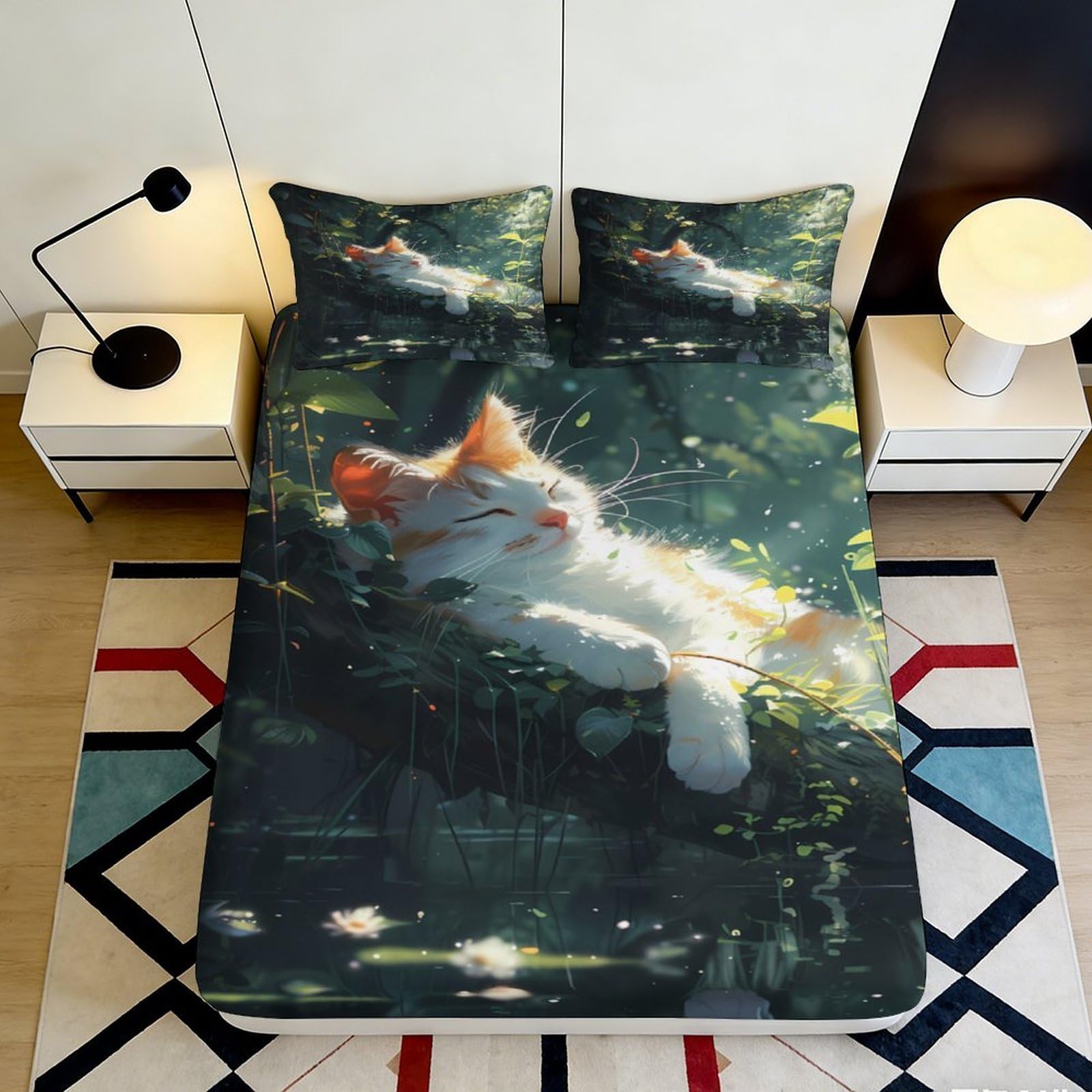 3D Printed Sleeping Cat Fitted Sheet Microfiber Soft Anti-Slip Sunlight Forest Mattress Cover for Bedroom Guest Room 90x200x25cm