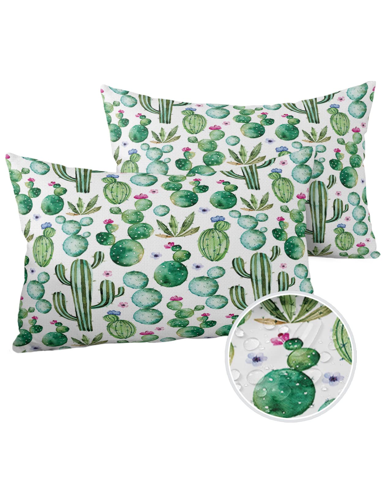 LBDecor Outdoor Throw Pillow Covers 20x12 Waterproof Watercolor Cactus Outdoor Pillows Decorative Pillow Covers Cushion Covers Pillowcase for Tent Patio Garden Couch Set of 2, Flower Cartoon