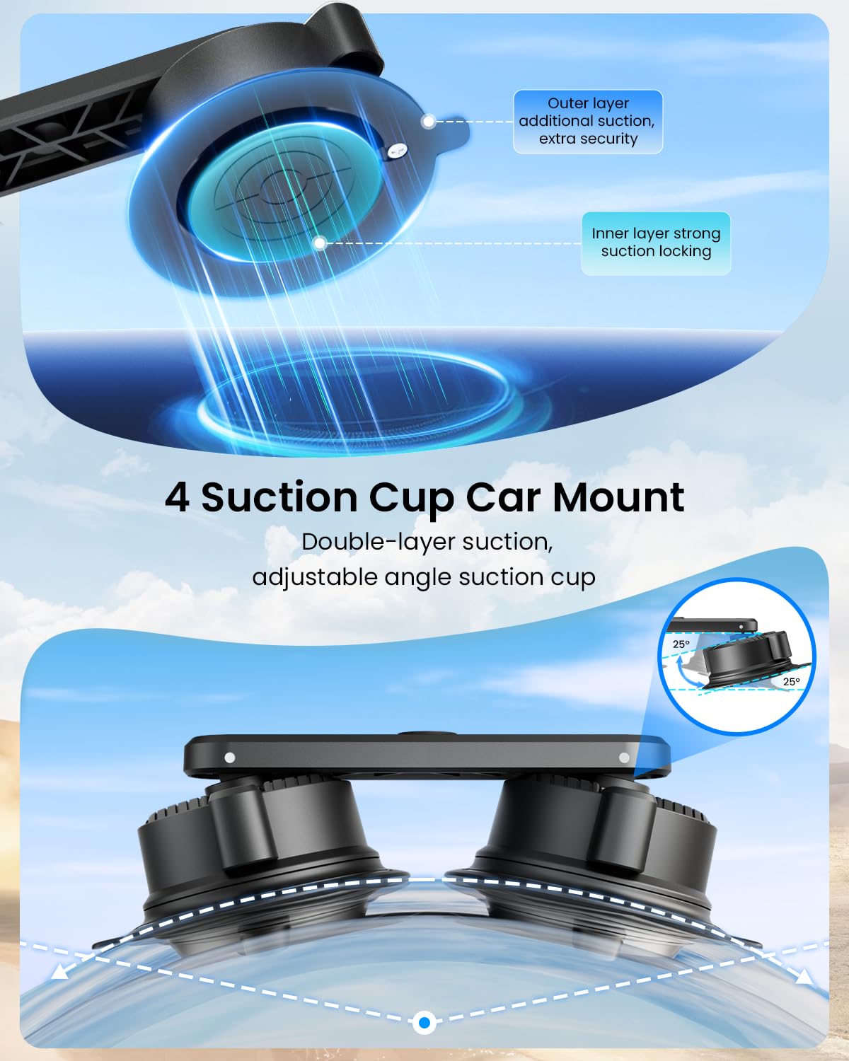 Kit de quatre ventouses de voiture pour Insta360 - Double couche réglable - Montage pour caméra d'action GoPro - Accessoires pour Insta360 X5
