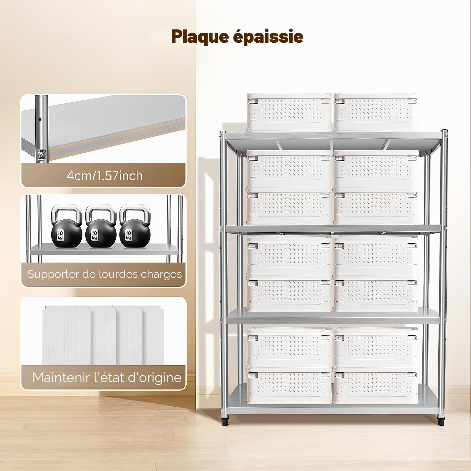Table de travail en acier inoxydable à 4 étages - Étagère en acier inoxydable - Table de cuisine - Étagère de restauration pour garde-manger, restaurants, cuisines, grandes cuisines