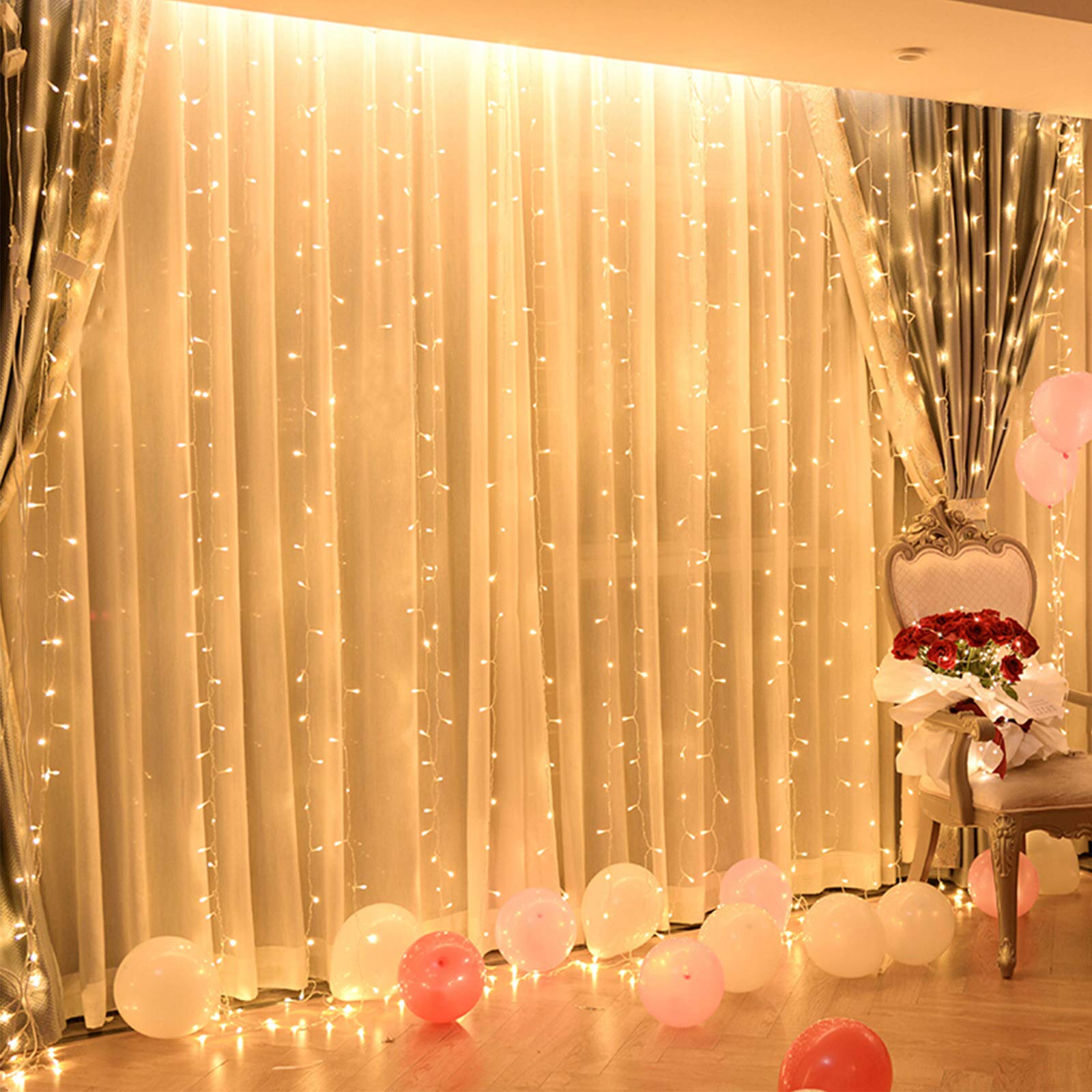 Cortina de Luz, Cadena de Luces 600 LED 6 x 3M 8 Modos Impermeable Anticongelante para Bodas Fiesta Navidad Casa Interior Exterior Blanco Cálido