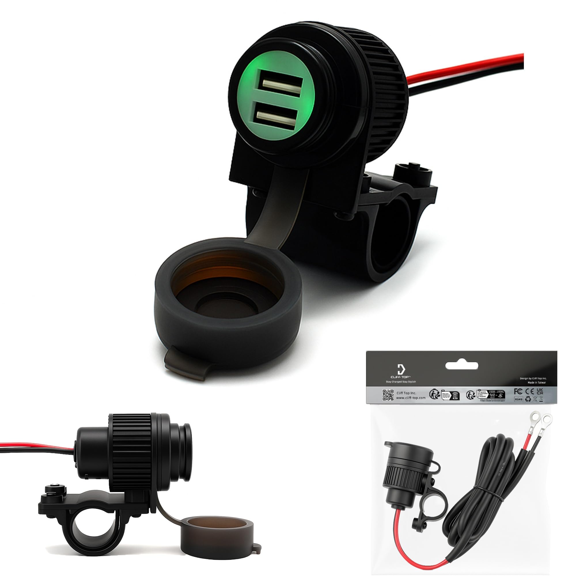 Cliff Top Motorcycle USB Charger Waterproof Dual USB Port 4A 20W, with Magnetic Power Switch Heavy Duty for 7/8’’ and 1’’ Handlebars - Prevents Battery Drain