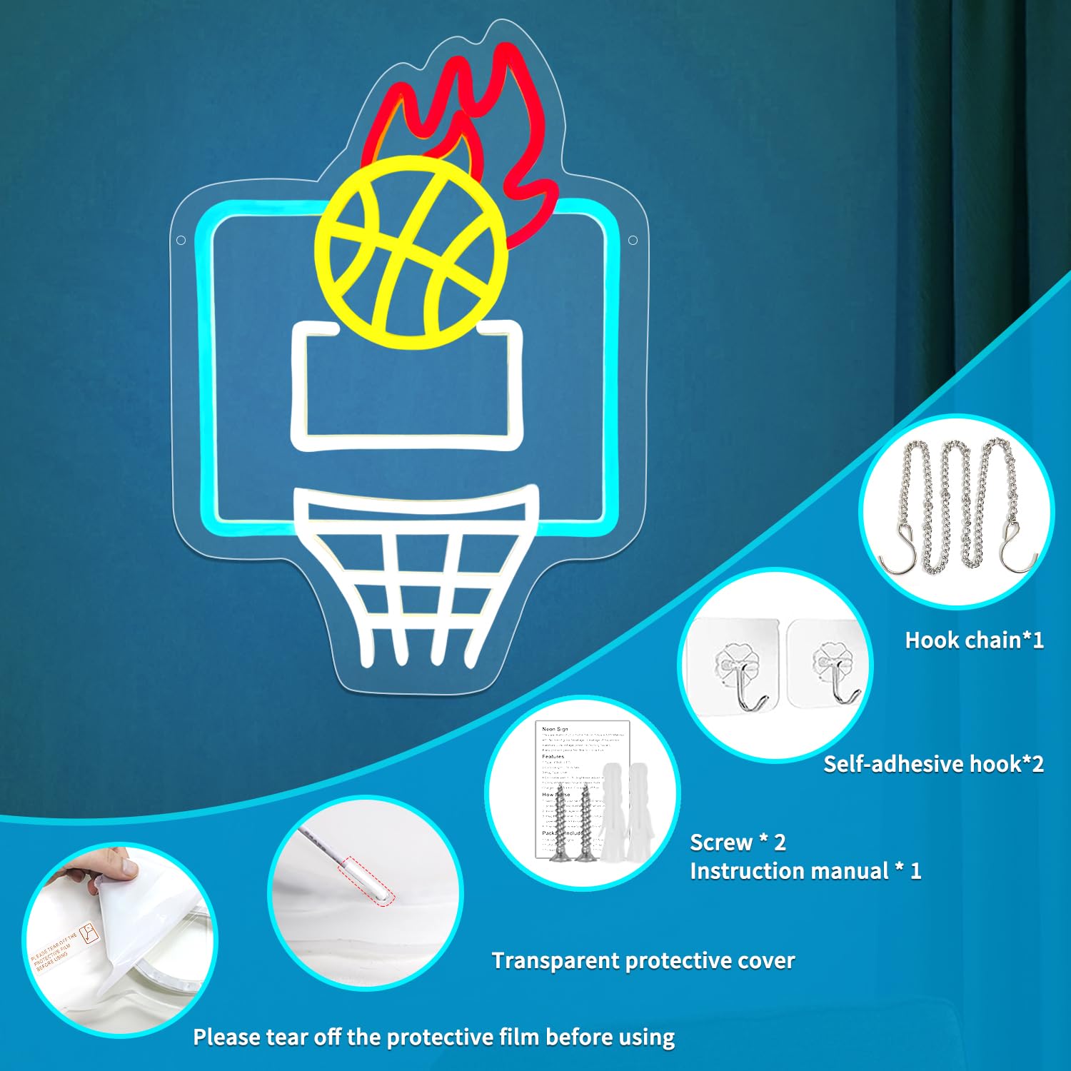 Letrero de neón de baloncesto, letreros de neón LED regulables para decoración de pared, letrero de neón LED deportivo alimentado por USB, letreros de neón de baloncesto para decoración de