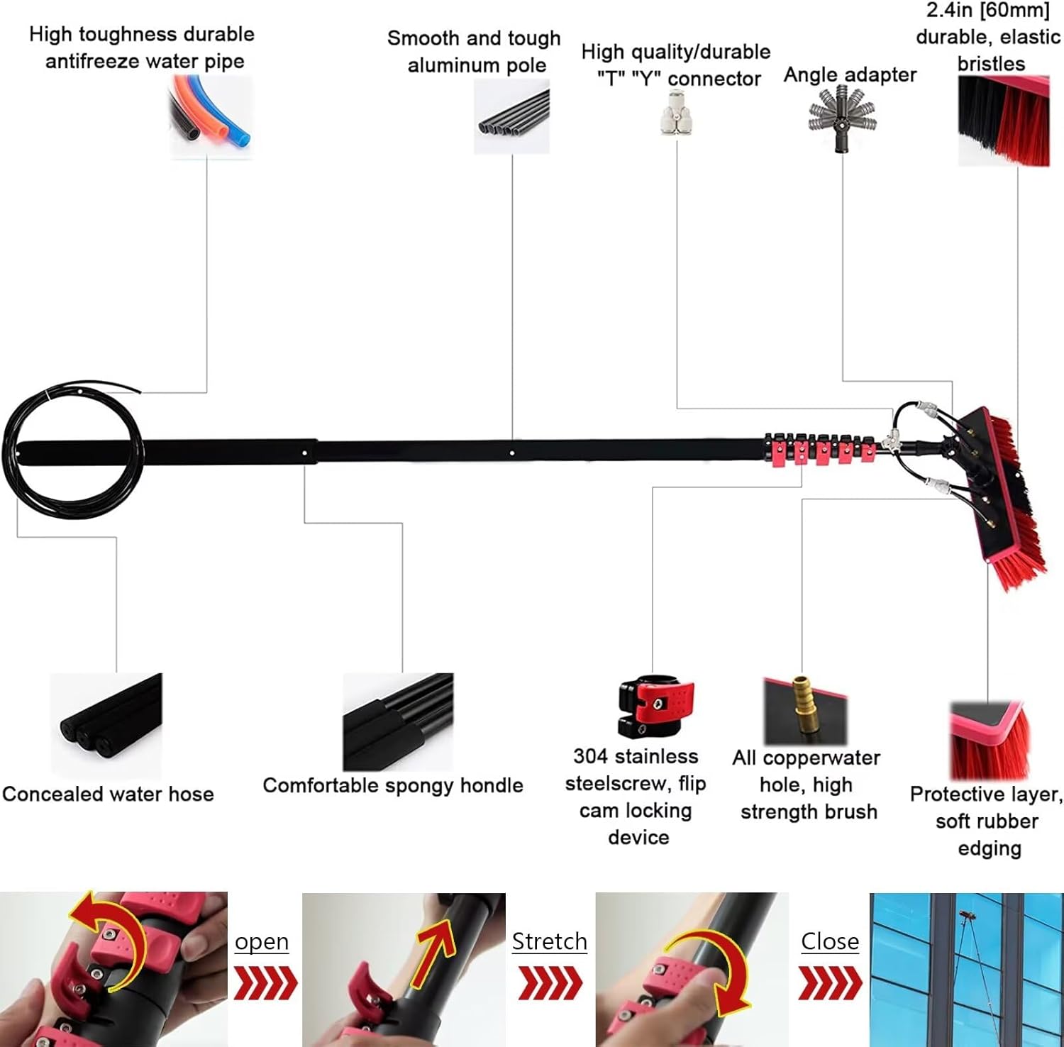 Cleaning Tool with Extension Pole Water Spray Knife/Squeegee Telescopic Window Washing Head for Cleaning Home Windows Glass Cars Solar Panel Cleaning kit 7.2Rod Length 50brush