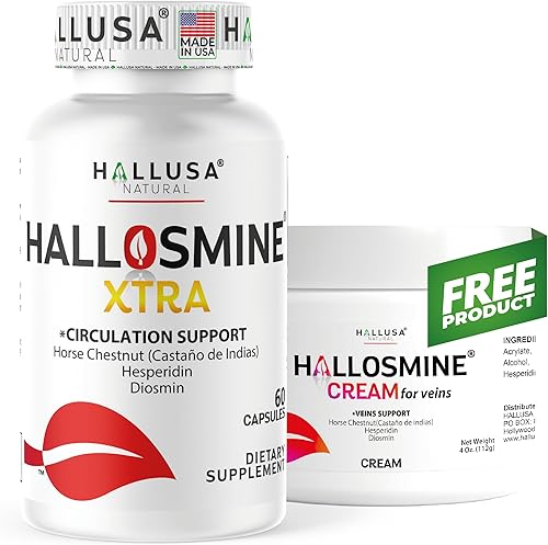 Hallosmine Xtra - Soporte de circulación y venas, diosmina, chesnut de caballo y heesperidina 850 mg + crema de vena libre | Circulación de piernas,