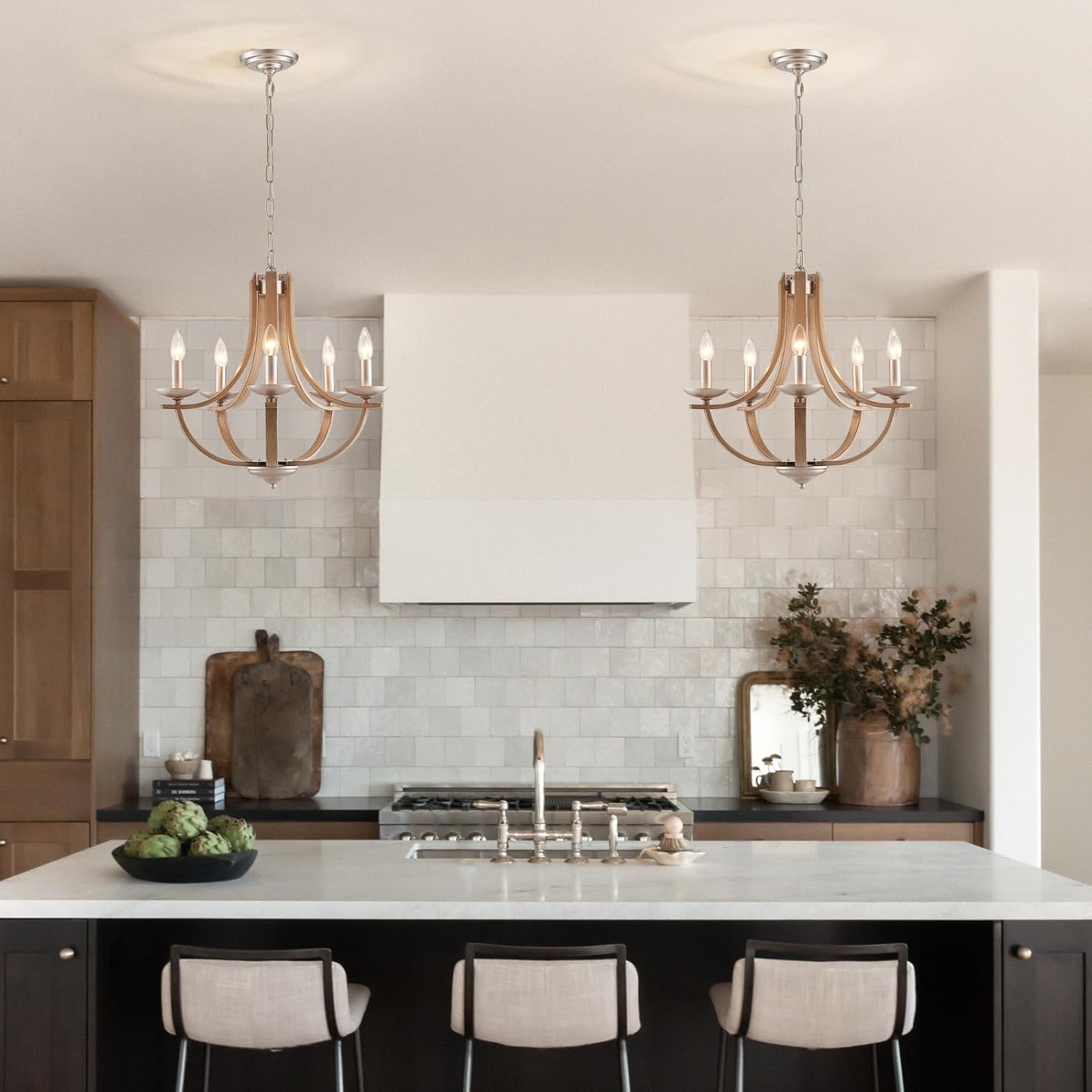 Farmhouse Candle Chandelier, 21 Inches Faux-Wood Grain Pendant Lighting Fixtures 5-Light Height Adjustable Hanging Ceiling Light for Dining Room Kitchen Island Bedroom Living Room