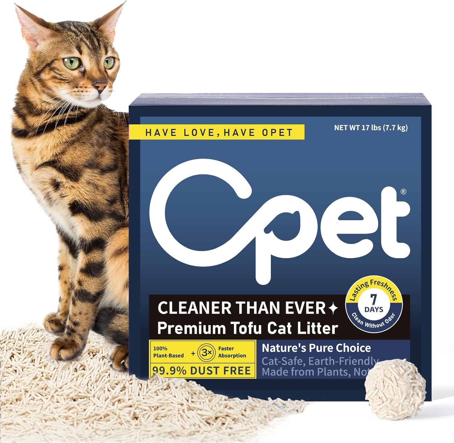 OPET Tofu Cat Litter 100% Natural Pea Fiber & Corn Starch, Ultra-Fast 3s Clumping, 99.9% Dust-Free & Low Tracking, Flushable Eco-Friendly Kitty Litter for Indoor Multi-Cat Households 17lb