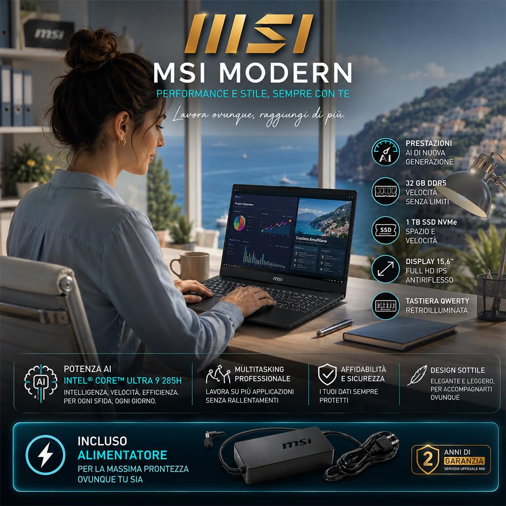 msi Modern AI Notebook Intel Core Ultra 9 285H, Ram DDR5 32Gb, 1Tb, Win11 | 16Core fino a 5.40 GHz, SSD PCI Nvme da 1 Tb, Memoria Ram DDR5 32Gb, Intel ARC Graphic, Display port, Win11, Garanzia Italia