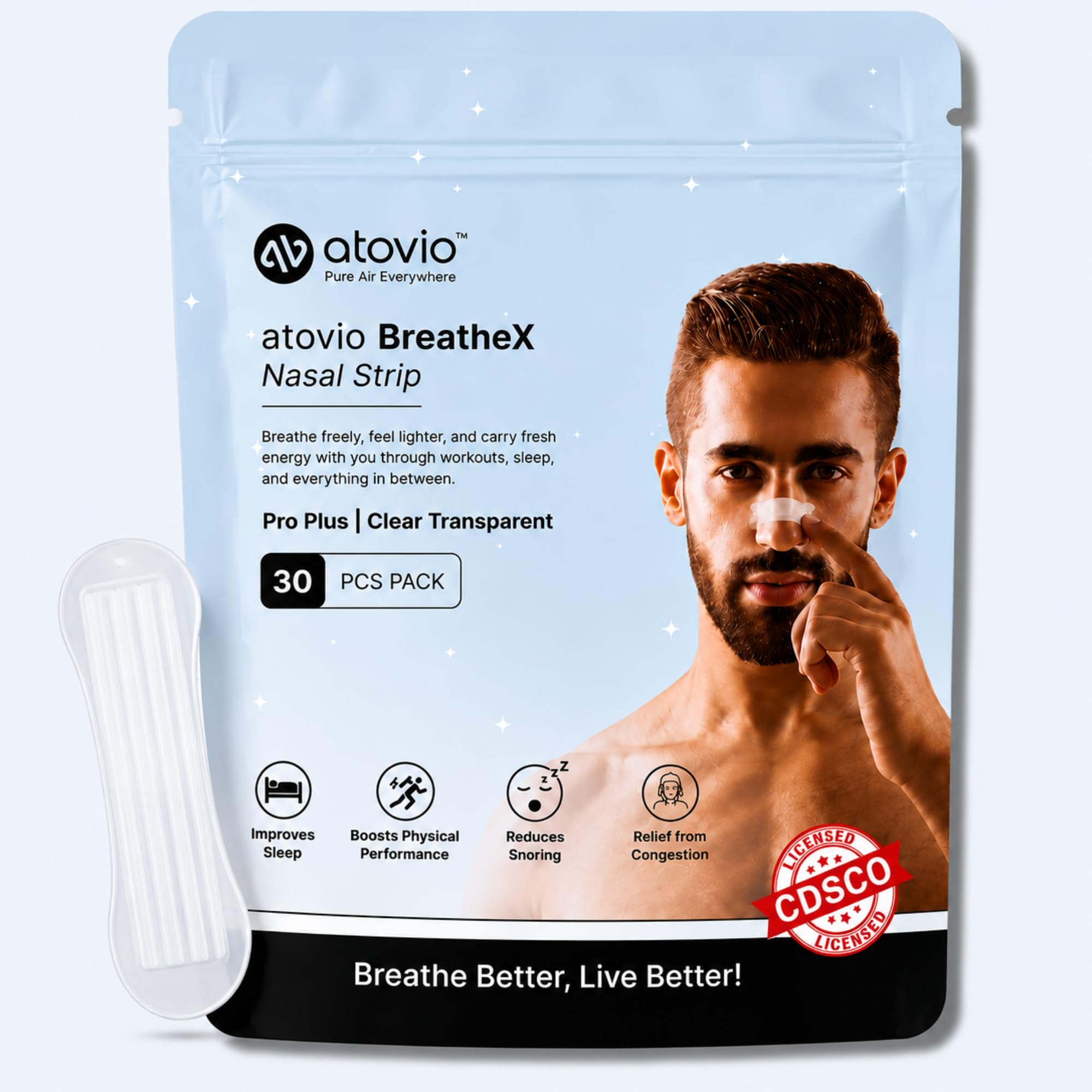 Atovio BreatheX Nasal Strips for Breathing & Snoring Relief, 10 Strips | Extra Strength Anti-Snoring Nose Strips for Nasal Congestion Relief | Sweat-Proof & Hypoallergenic Adhesive | Instant Airflow for Sleep & Sports | CDSCO Licensed - Transparent — Amazon image 11