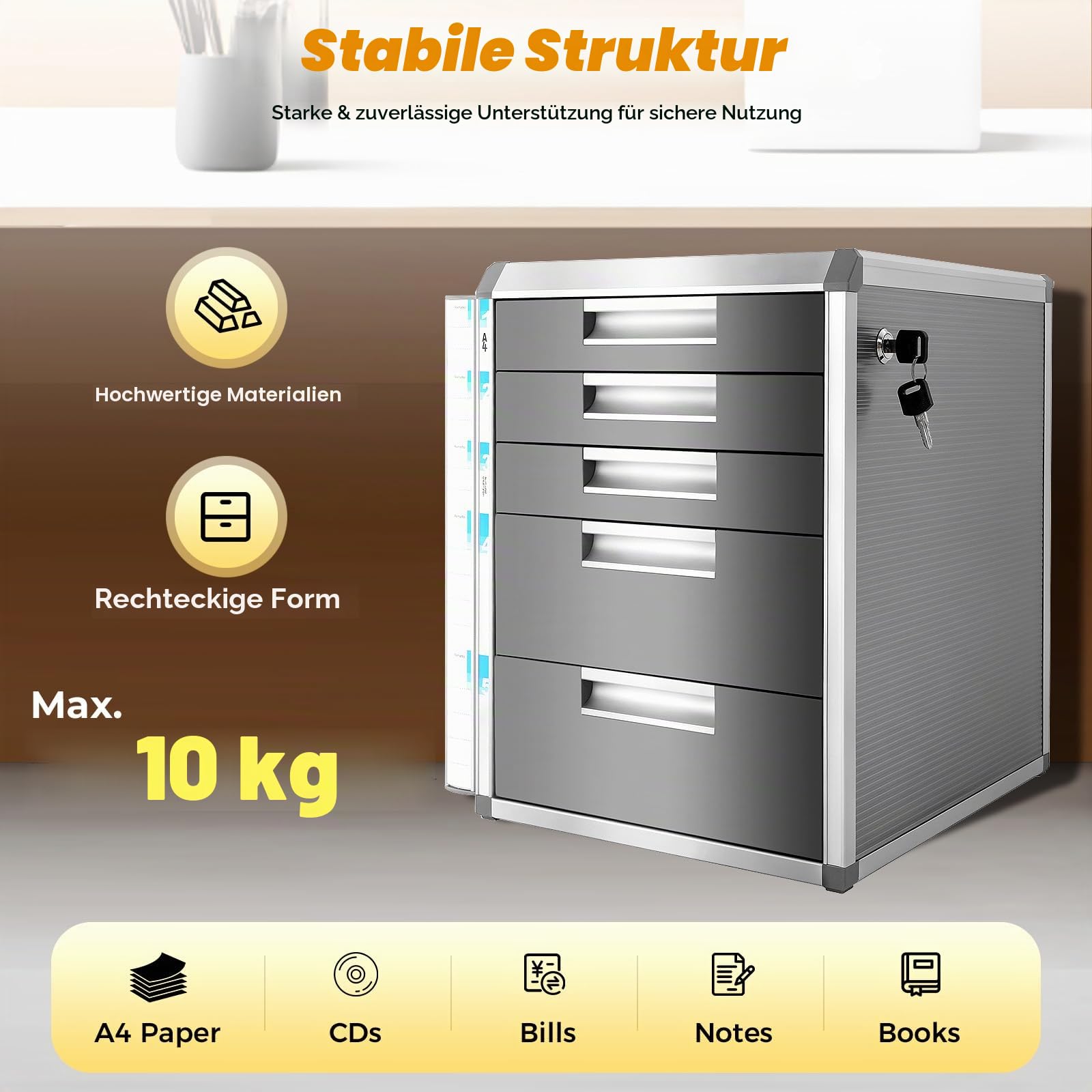 Metall Schubladenbox Abschließbar, Aluminiumlegierung Büroschrank 5 Schubladen Aktenschrank für DIN A4, Büro, Klassenzimmer und Heim, 35 * 31,5 * 40,5 cm