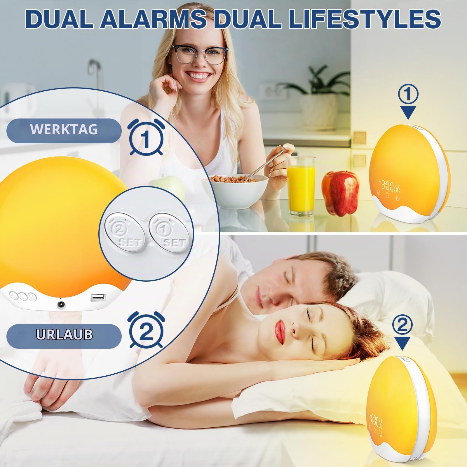 Lichtwecker,Tageslichtwecker Doppelalarme,Sunrise Licht Wecker mit Sonnenaufgang Sonnenuntergang Simulation,Wake Up Light Wecker Licht mit 5 Alarmton FM Snooze,Nachttischlampe für Kinder