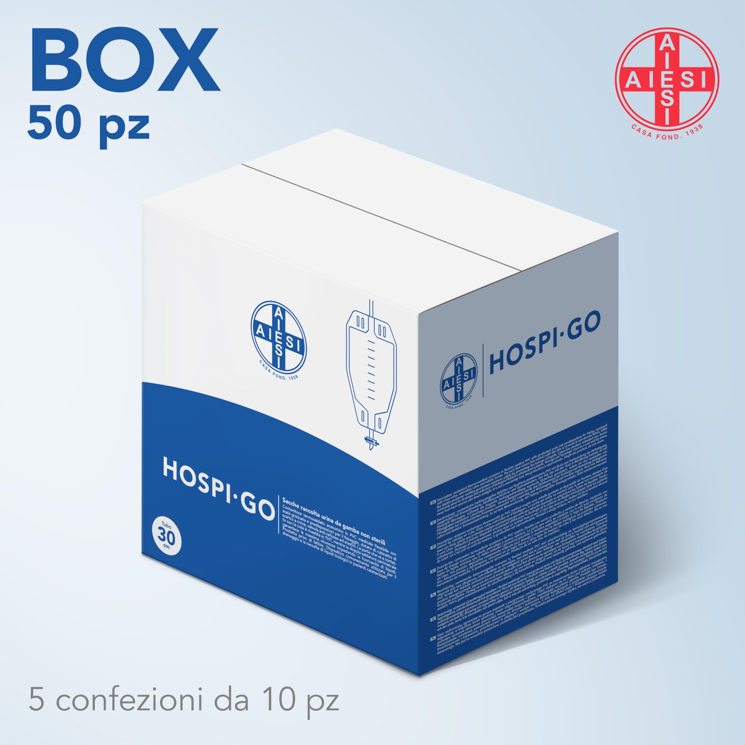 AIESI Bolsas de orina de piernas 750 ml tubo 30 cm con grifo de descarga cruzado válvula antirreflujo Paquete de 50 piezas
