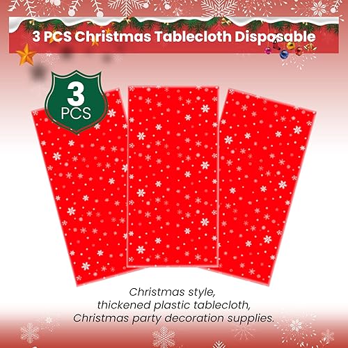 Miniatura 4 de 3 manteles de Navidad desechables, 54 x 108 pulgadas, mantel rectangular de plástico rojo con árbol de Navidad, muñeco de nieve, reno, Papá Noel
