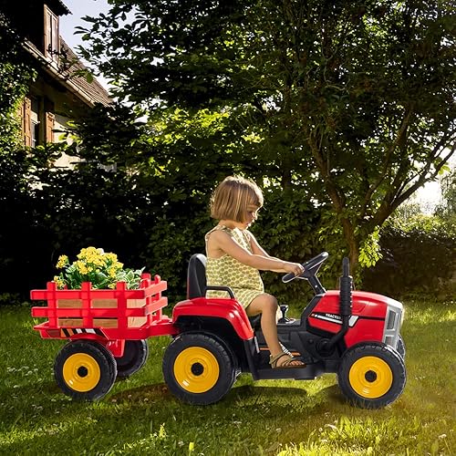Miniatura 8 de VALUE BOX Tractor de paseo con control remoto de 2.4 G, batería de 12 V, tractor eléctrico con remolque, vehículos motorizados para niños pequeños,