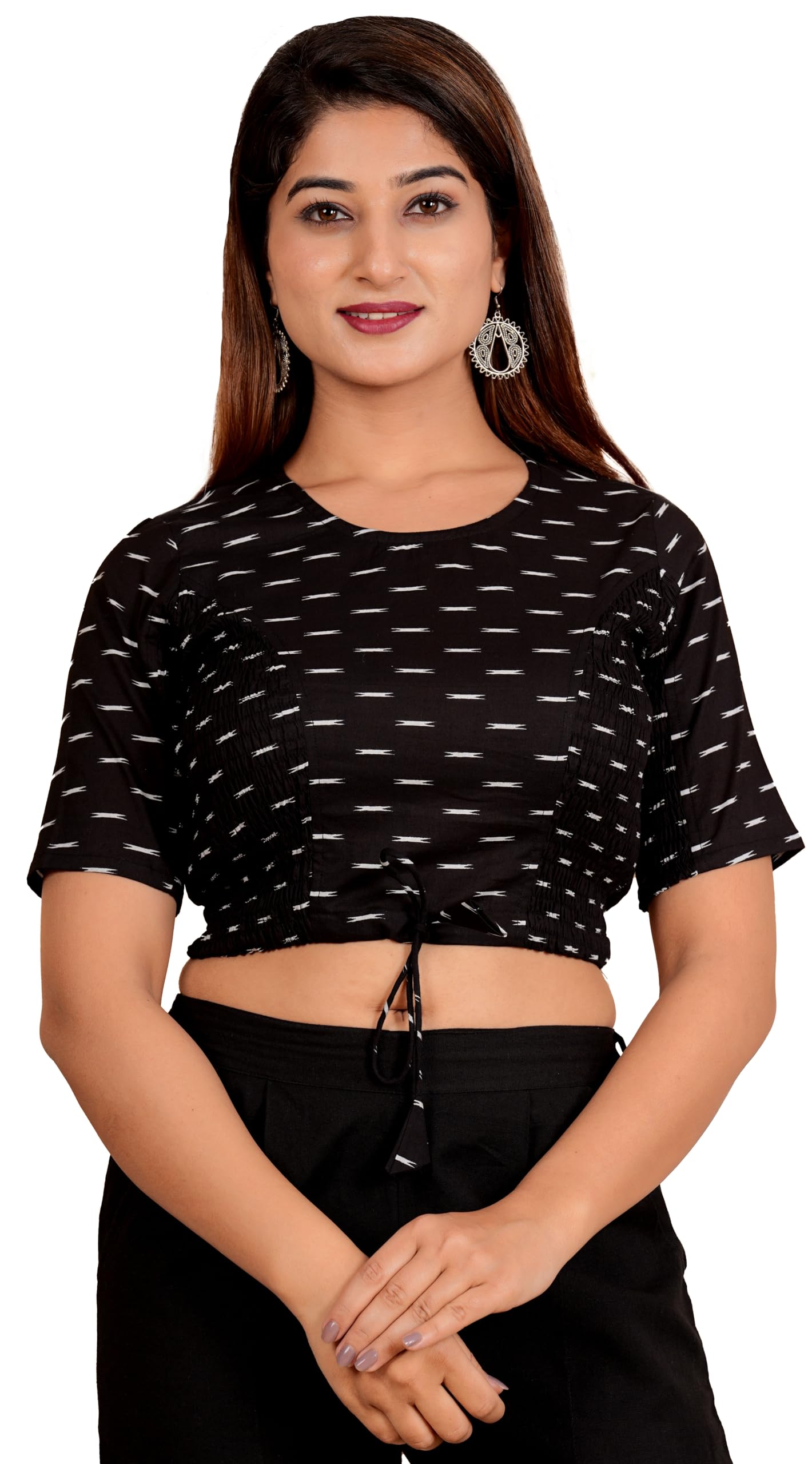 Yash Gallery Women's Cotton Zig-Zag Printed Regular Regular Fit Short Sleeve Blouse