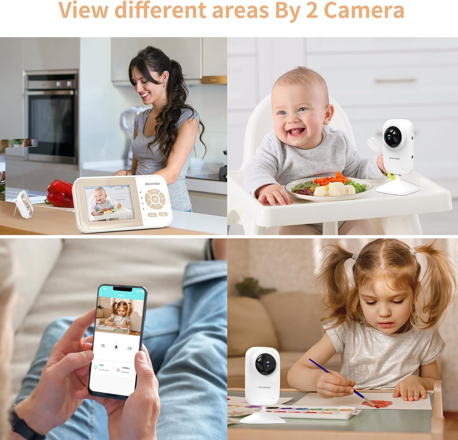 ebemate Video Baby Monitor Camera with 2 Camera,2.8" LCD Screen Video & Audio No Glow Night Vision,2-Way Talk Audio Cam Baby Monitoring 1200FT Range EBE28-2