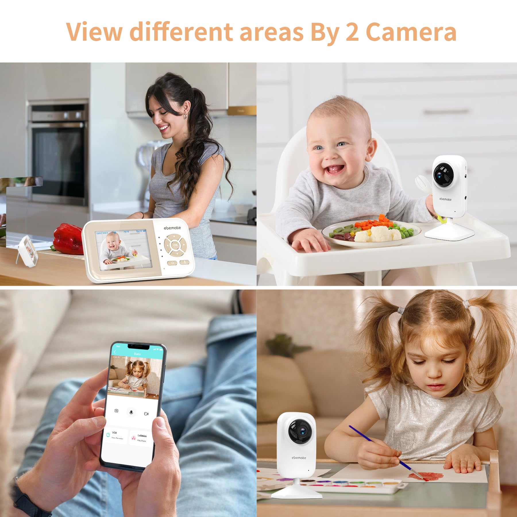 Babysense Baby Monitor Video, Schermo Diviso da 4,3 con Due Camere, Funzione PTZ, Raggio D'azione 300m (Nello Spazio Aperto), Luce Notturna Regolabile, Comunicazione Bidirezionale, Zoom, Ninne Nanne