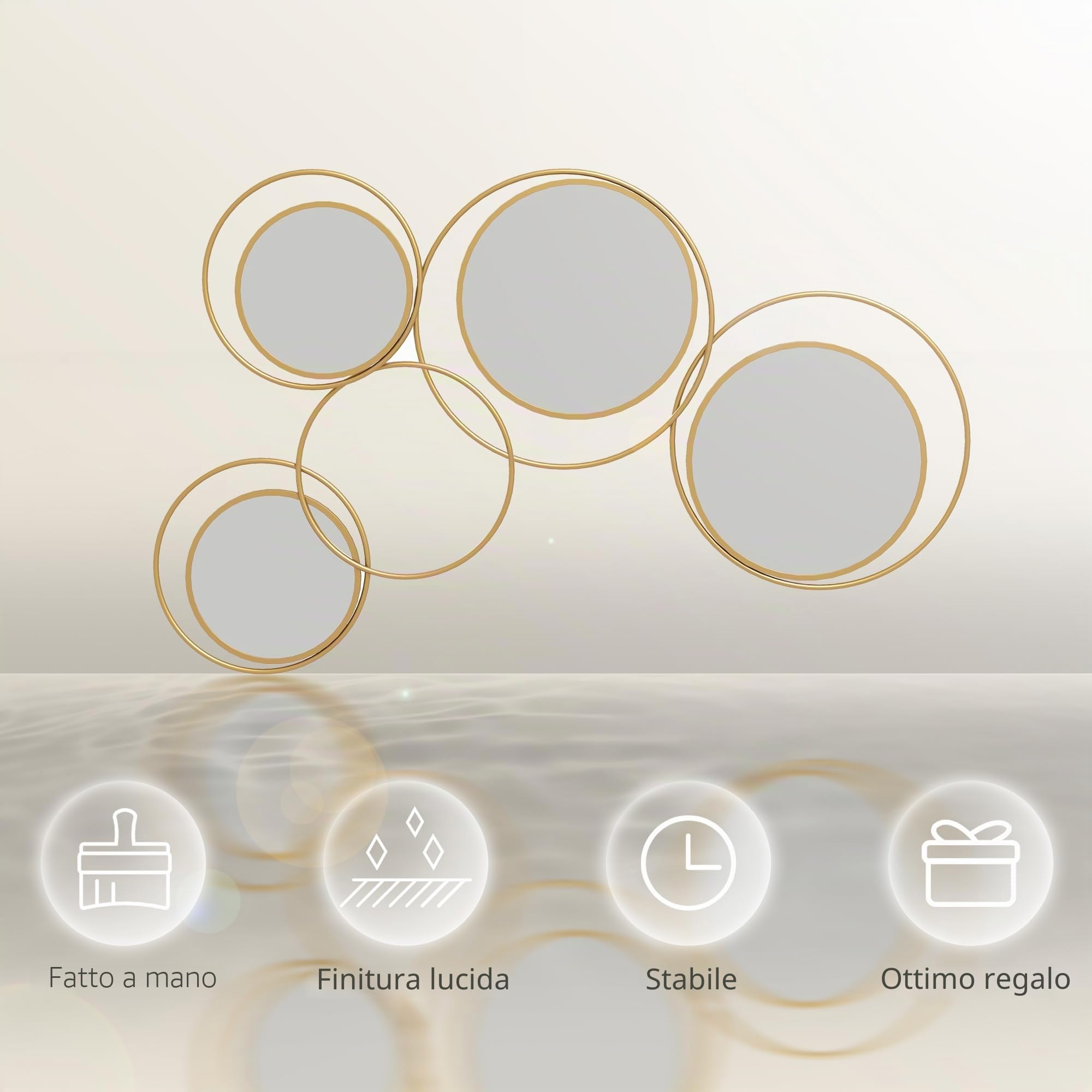 HOMCOM Specchio da parete in metallo 3D 4 specchi 110x68cm Oro | Decorazione murale rotonda in metallo per soggiorno, camera da letto, corridoio