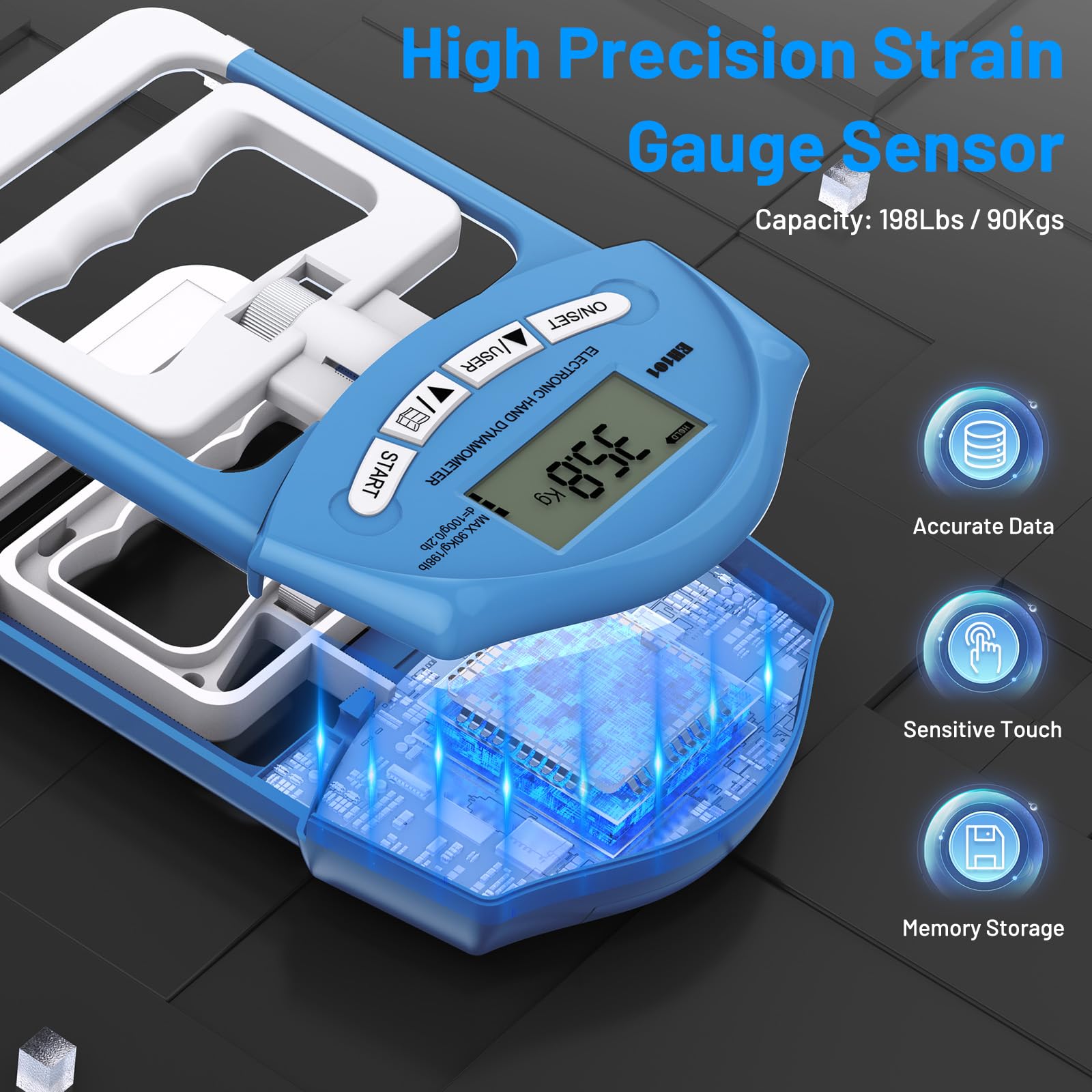 Blaues Elektronisches Hand-Dynamometer - 90 kg / 200 lbs Kapazität Hand Griff Strengthener mit 19 Aufzeichnungen - Ideal für Krafttraining, Reha und Progress Tracking