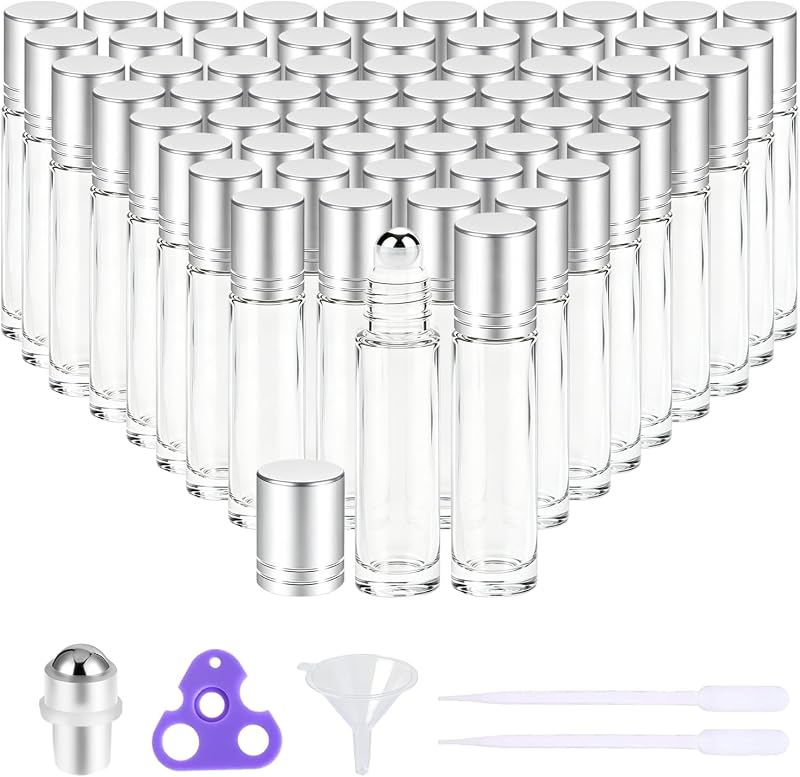 PrettyCare Conjunto com 60 Frascos Roll-on de Vidro Transparente de 10 mL com Esferas de Aço Inoxidável e Tampas Prateadas