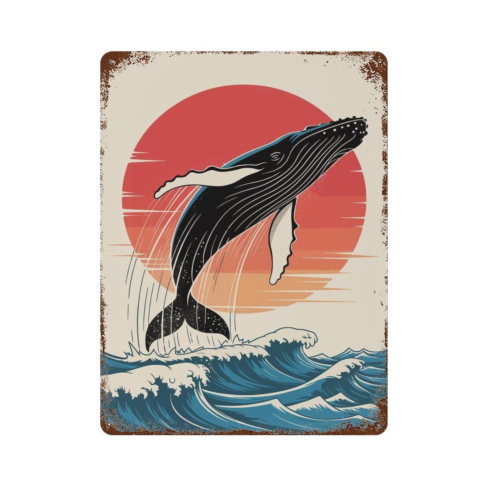 Humpback Whale Breaching at Sunset Decorative Tin Sign 15.7"x11.8", Retro Wall Decor for Living Room, Hallway And Home Decor
