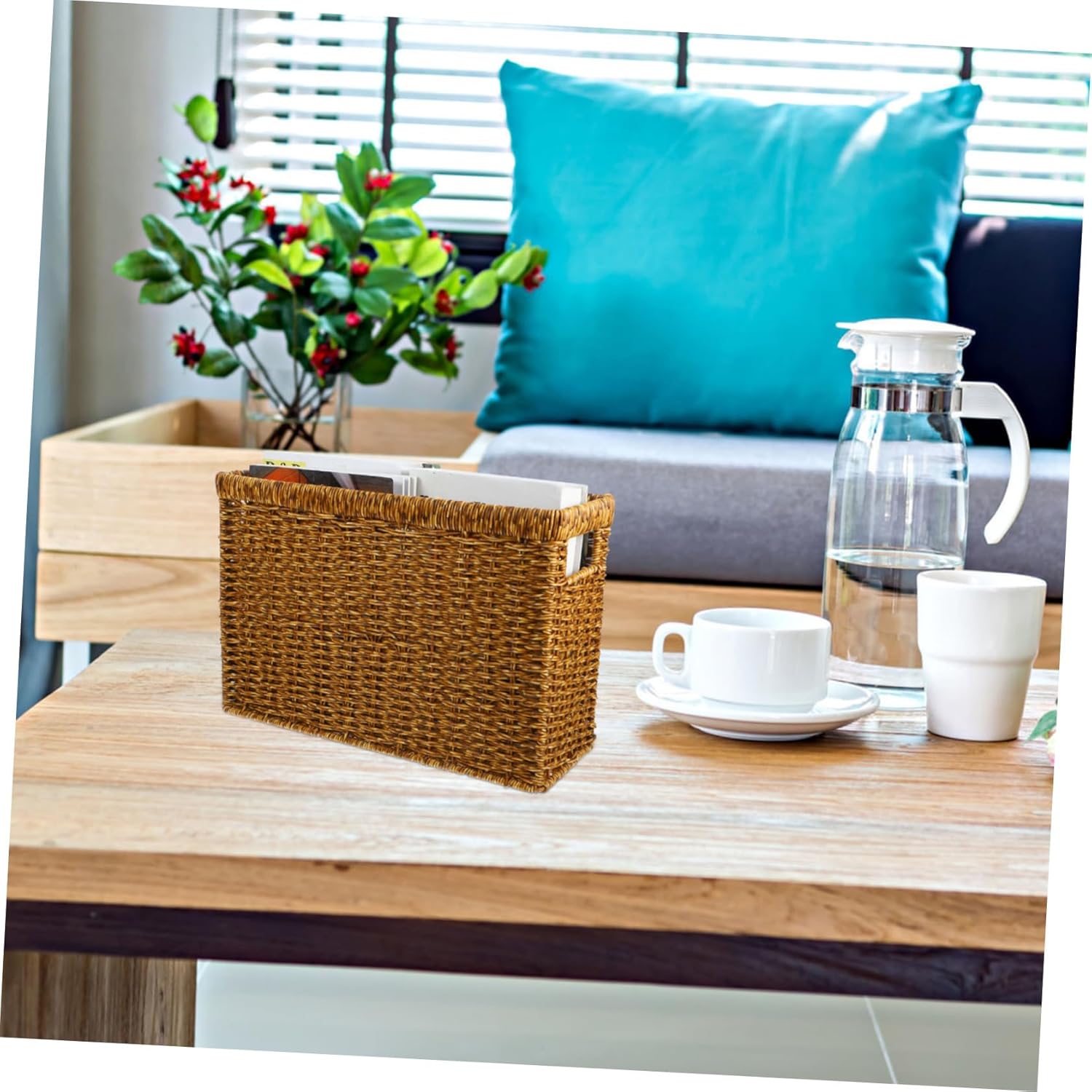 Amosfun Japanese Style Woven Storage Basket with Handle Decorative Organizer for Home and Office Medium Size Cotton Material for Sundries and Magazines