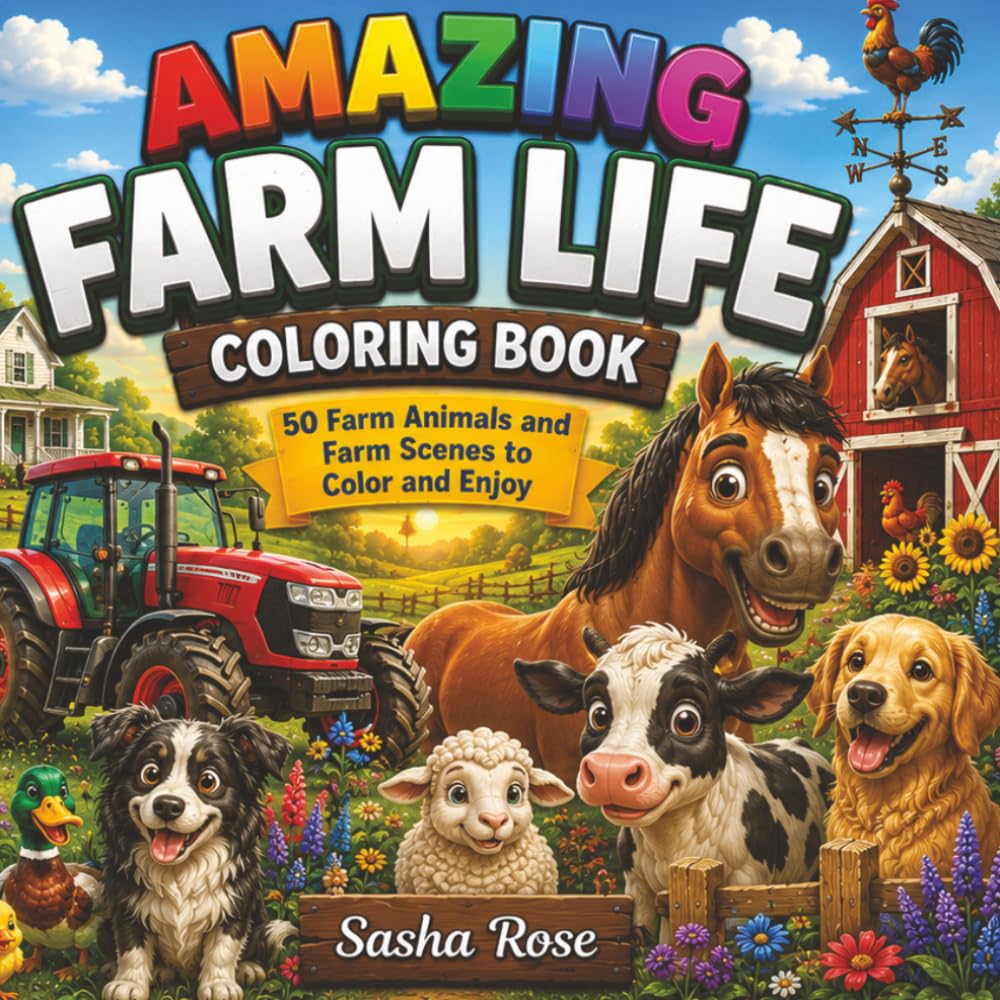 Amazing Farm Life Coloring Book: 50 Farm Animals, Barns, Tractors, Farm Equipment & Country Scenes to Color | A Relaxing Coloring Book for All Ages (Amazing Jungle Animals)