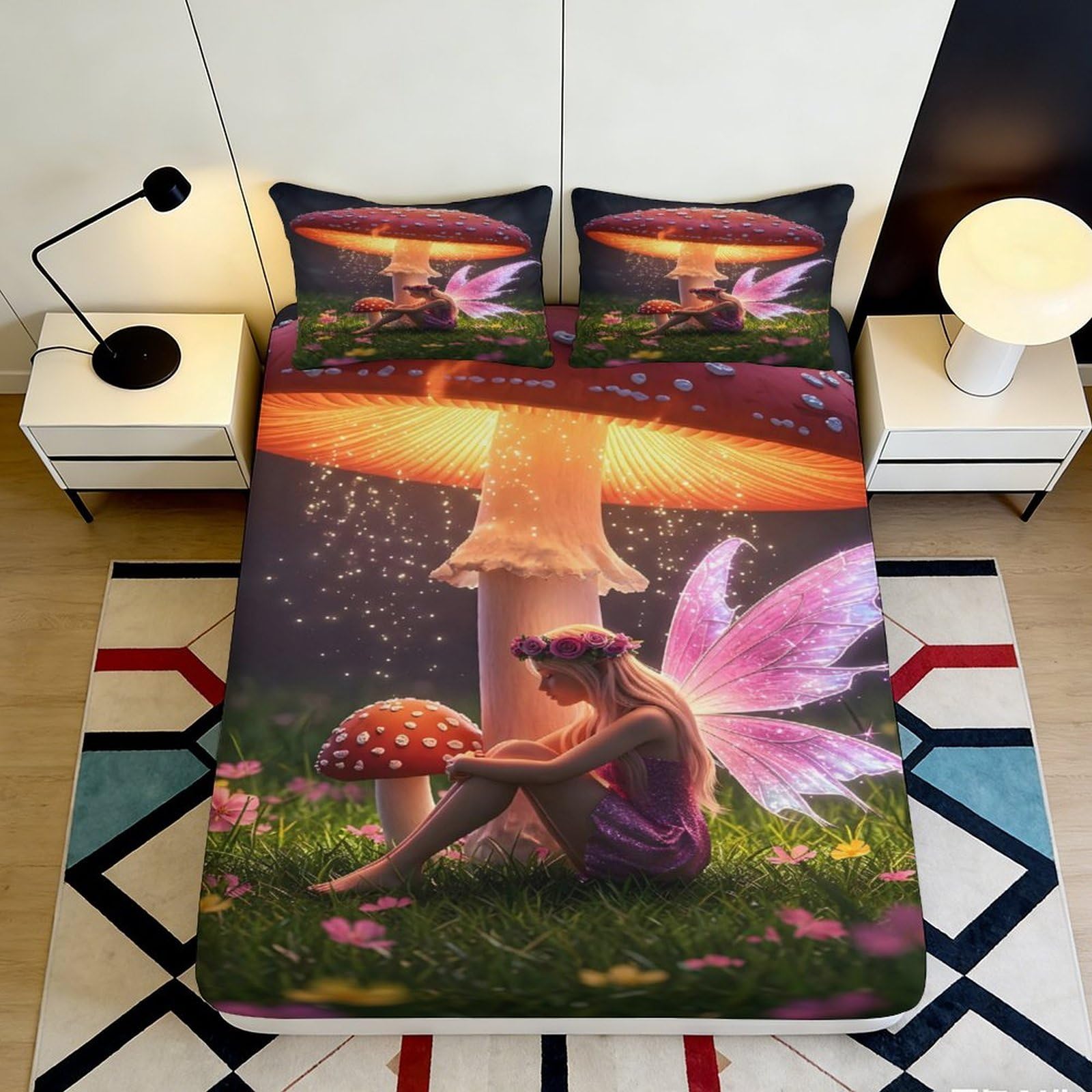 3D Printed Fairy Mushroom Fitted Sheet Microfiber Soft Breathable Enchanted Forest Bed Cover for Bedroom Dormitory Guest Room Mattress Protection 160x200x25cm