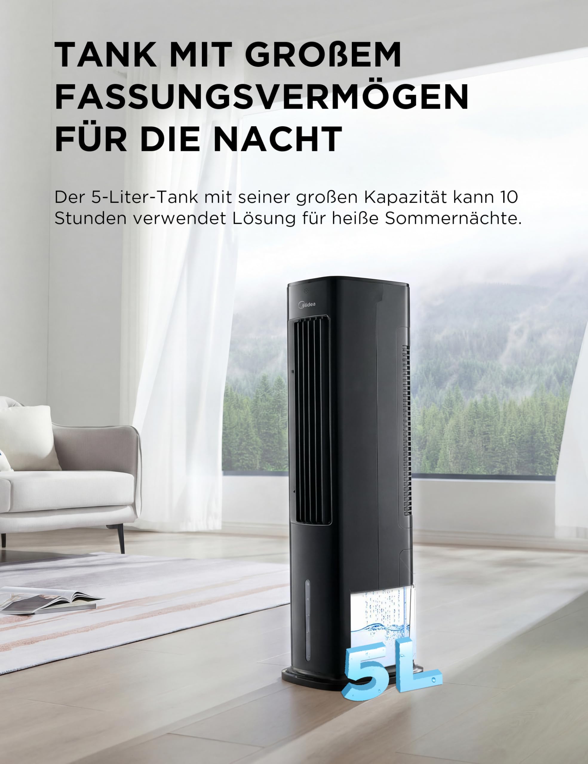 Midea AC100-20ARB(BK) Turmventilator mit Wasserkühlung – 4-in-1 mobiler Luftkühler, Ventilator, Luftbefeuchter & Reiniger mit Fernbedienung, für Schlafzimmer, Home-Office, 5L Tank, Schwarz