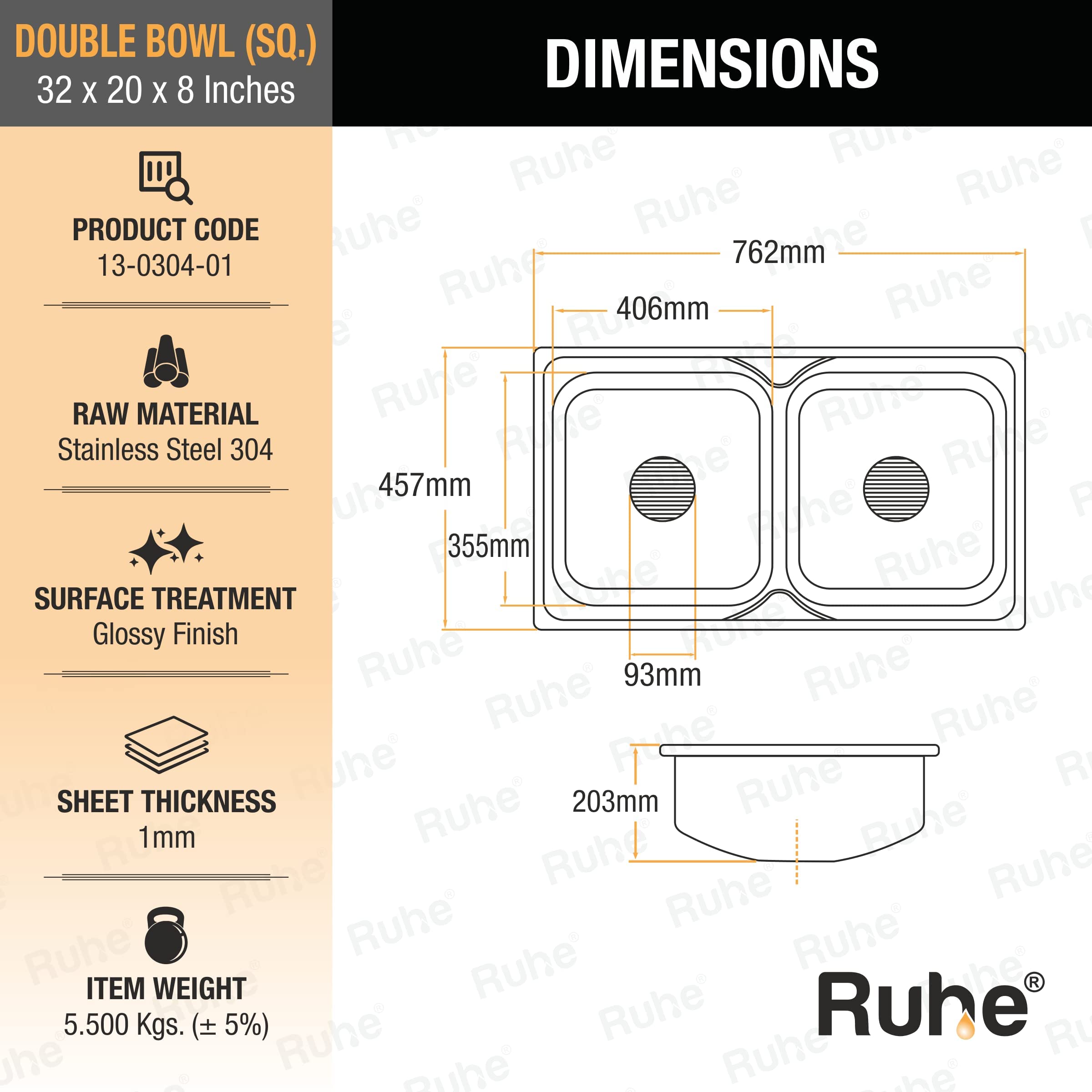Ruhe® Square Double Bowl 32 x 20 x 8 inches Kitchen Sink | 304-Grade Stainless Steel Square Double Bowl Kitchen Sink | Glossy Finish | Included 2 Sink Coupling, Waste pipe and Double Bowl Connector 1