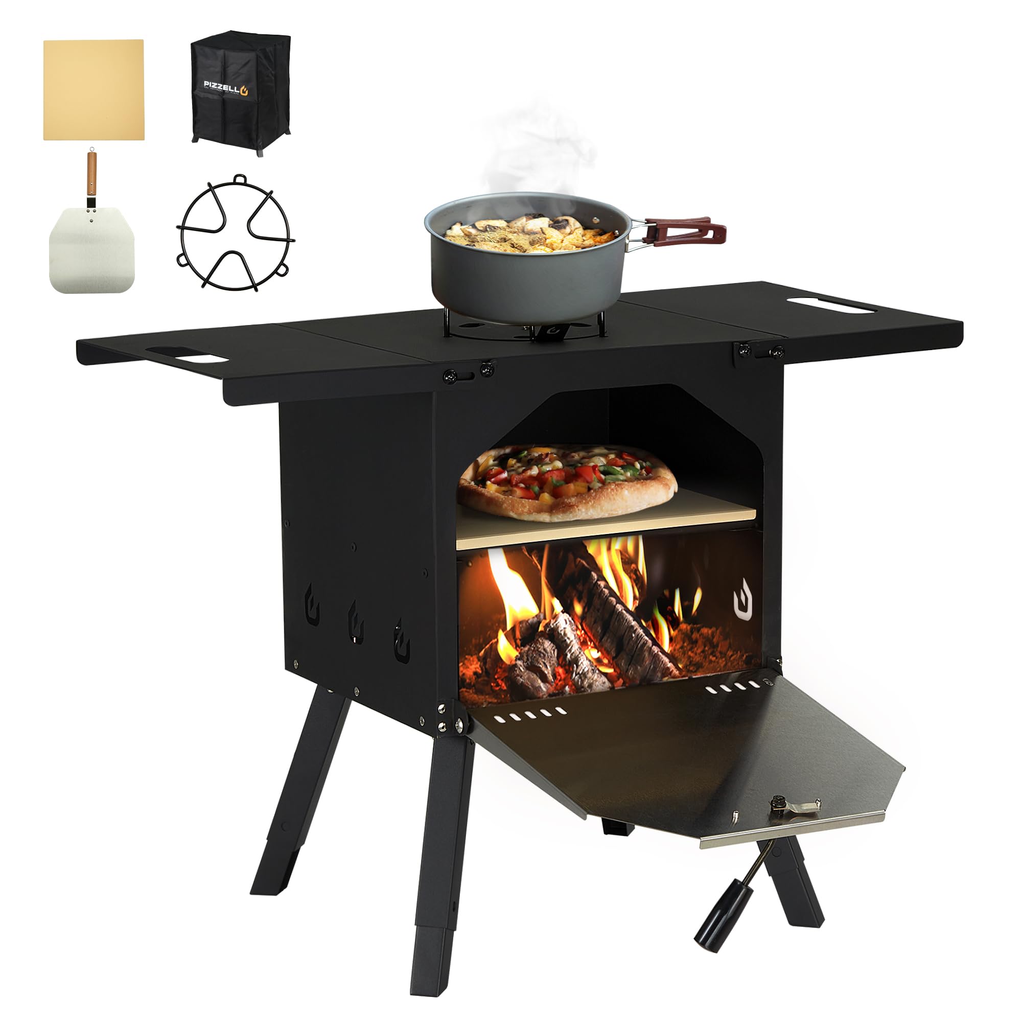 Amazon.com: PIZZELLO Outdoor Pizza Oven Wood Fired 2-Layer Pizza Ovens  Include Pot Holder for Warming Food, Pizza Stone, Pizza Peel, Cover,  Foldable Shelves u0026 Adjustable Legs, Pellet Oven for Party Camping Black :