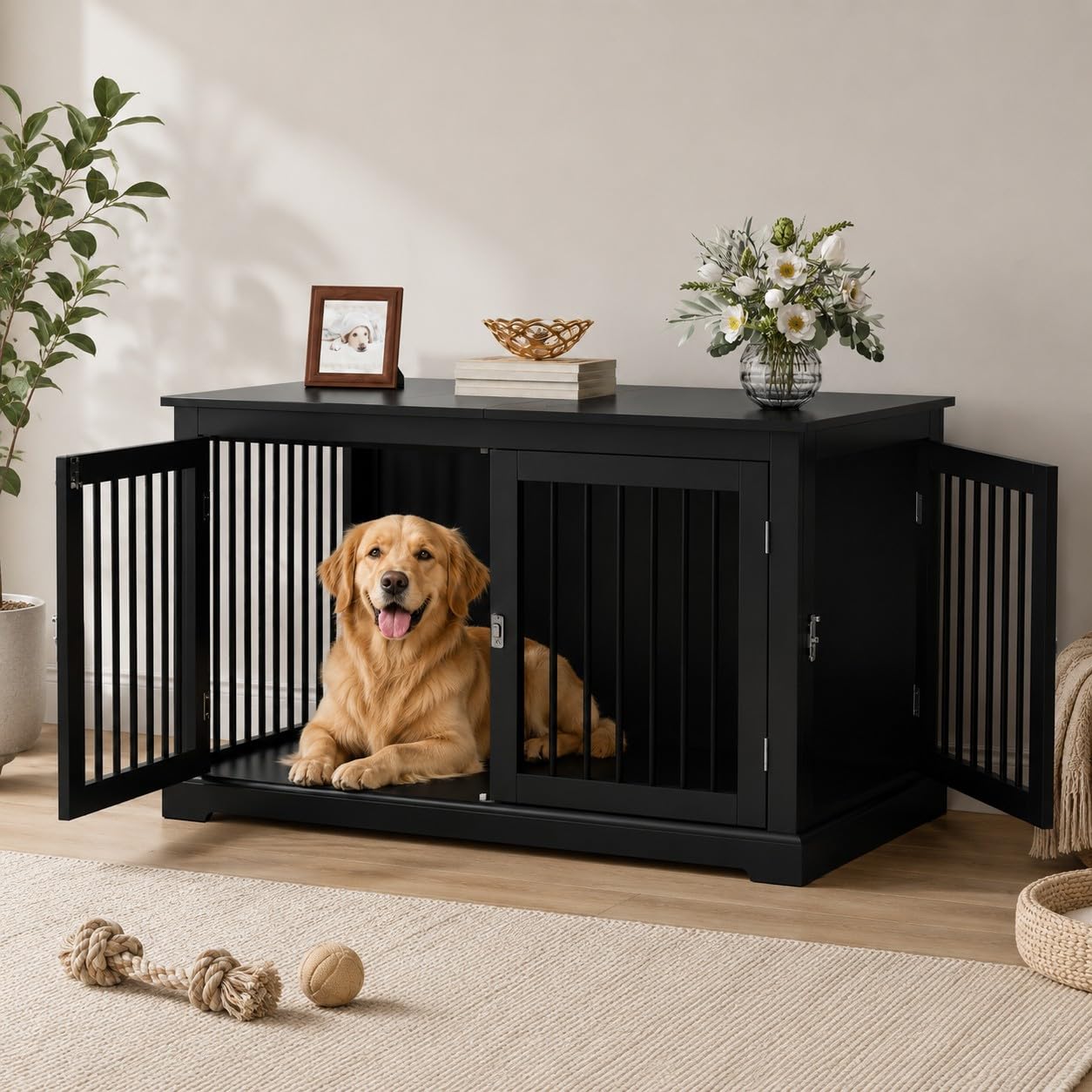HOLTICO Mueble Jaula para Perros Grandes,Tapa Abatible,Tubos de Metal Antimordeduras,Doble Puerta,Incluye Cojín,Interiores,Mesa Auxiliar Salón,98x71.2x79cm,Negro