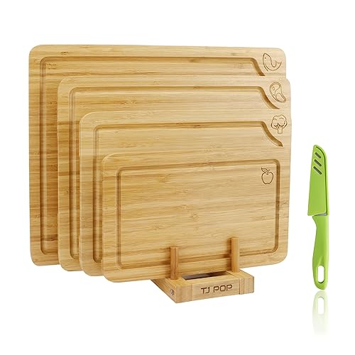 Bamboo Cutting Board Set of 4, Chopping Boards with Food Icons for Kitchen, Charcuterie Board for Meat, Vegetables, Fruits, Cheese - Bamboo-set of 4