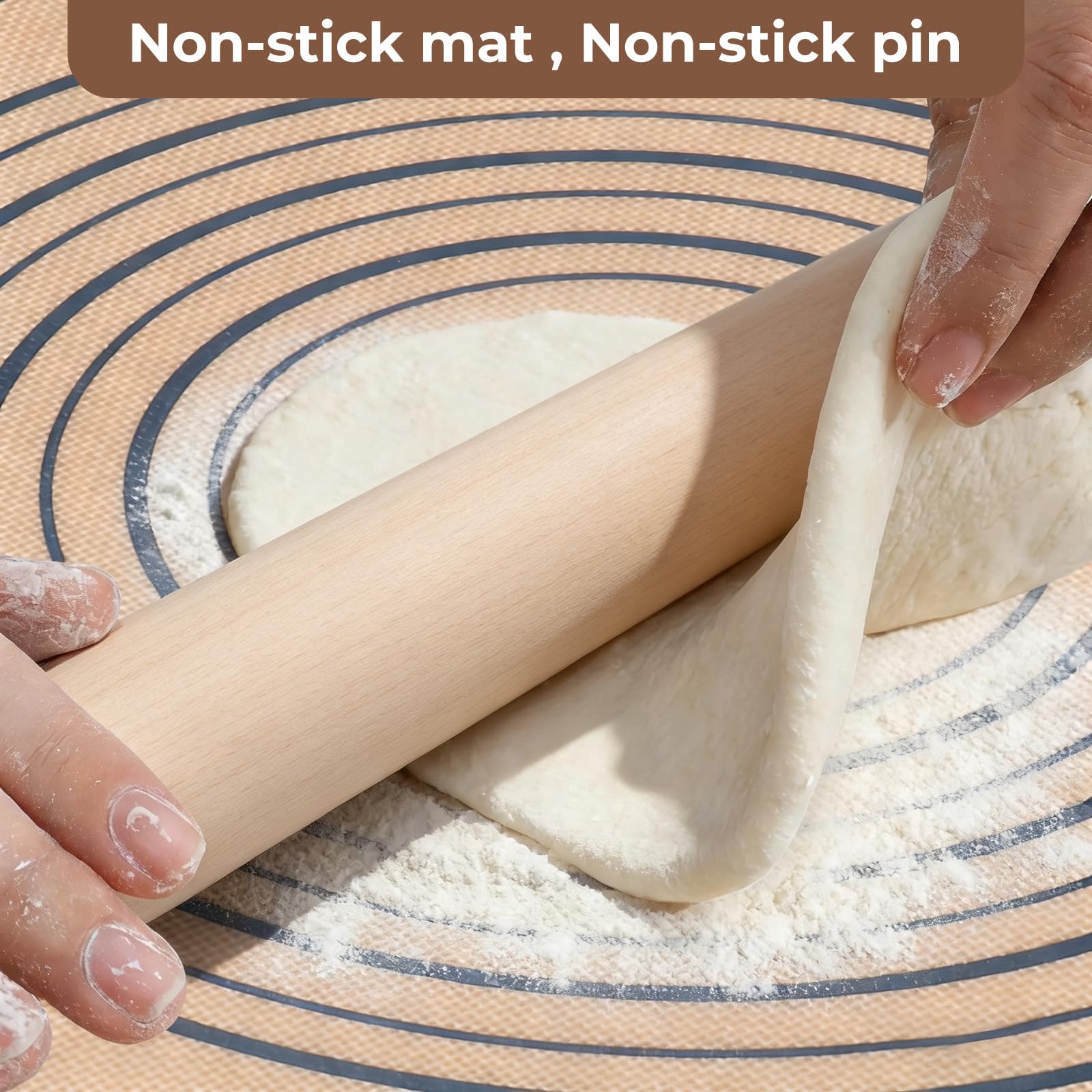 SUPER KITCHEN Mattarello in Legno Con 5 Dischi Regolabili Anello e Antiaderente Tappetino da Forno 60x40cm, Stuoia di Rolling della Pasticceria del Silicone, Spianatoia per Impastare (Grigio)