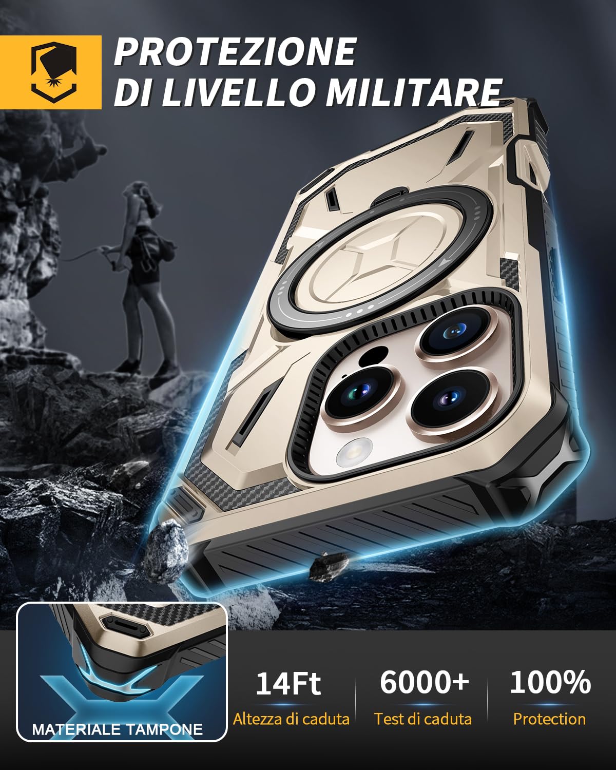 Lanhiem Cover per iPhone 16 Pro Max con 2 Pezzi Vetro Temperato, 14FT Antiurto Anticaduta Militare,Supporto Magnetico Anello a 360° Protezione Armor Protezione, Custodia per iPhone 16 Pro Max, Oro