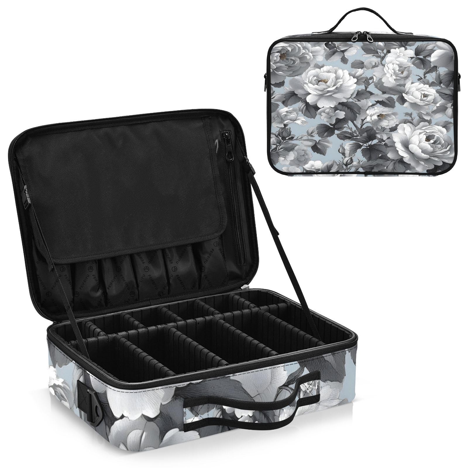zyrtty Travel Makeup Train Case Grey Black Flower Pattern Cosmetic Organizer Portable Storage Bag with Adjustable Dividers for Cosmetics Brushes Toiletry Jewelry Digital Accessories