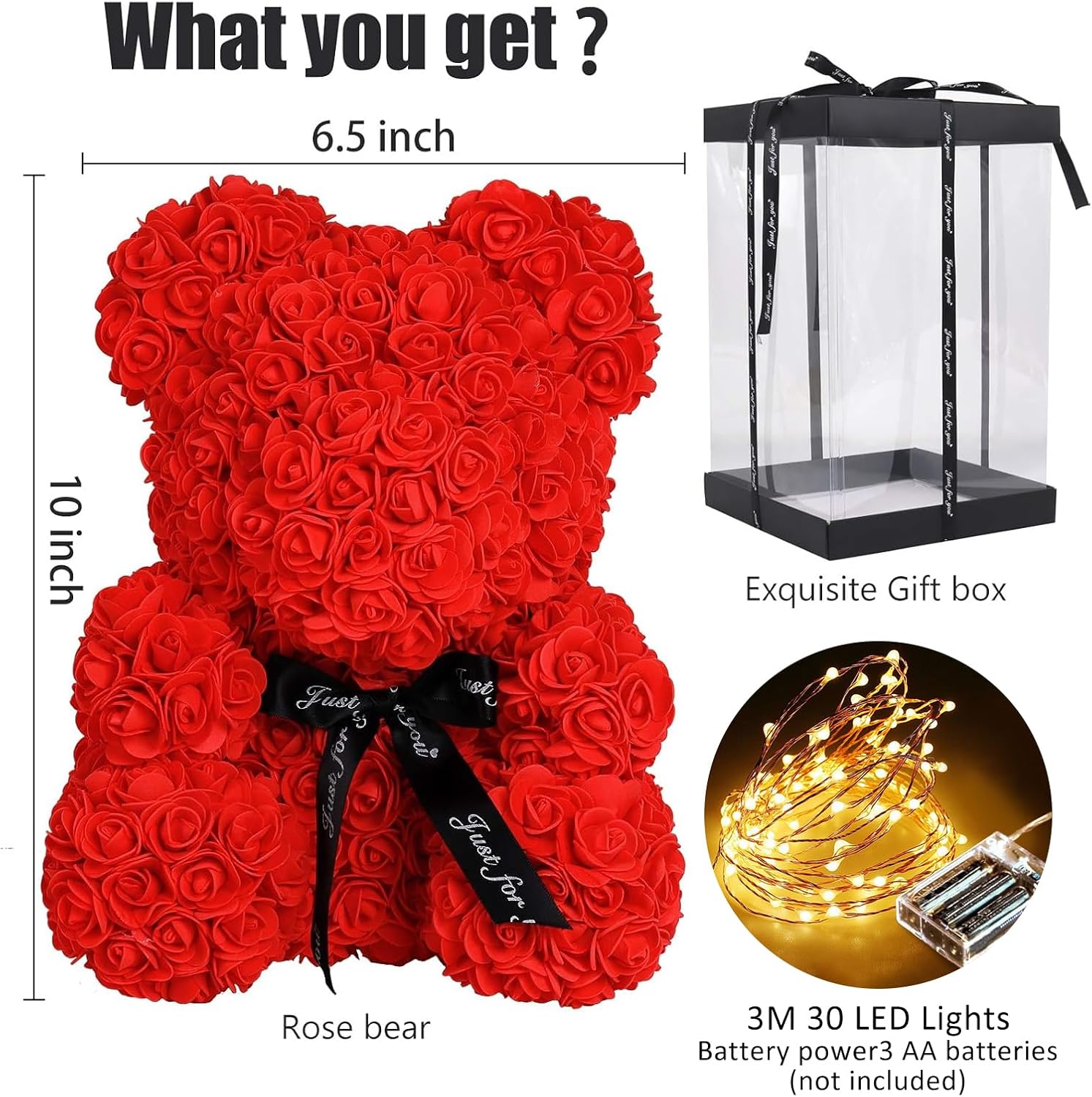 Rose Teddy Bear,10 inch Red Flower Bears with Lights, Lighted Up Artificial Foam Floral Gift for Mothers Day Christmas Wedding Anniversary Birthday Home Bedroom Office Decoration - Image 7