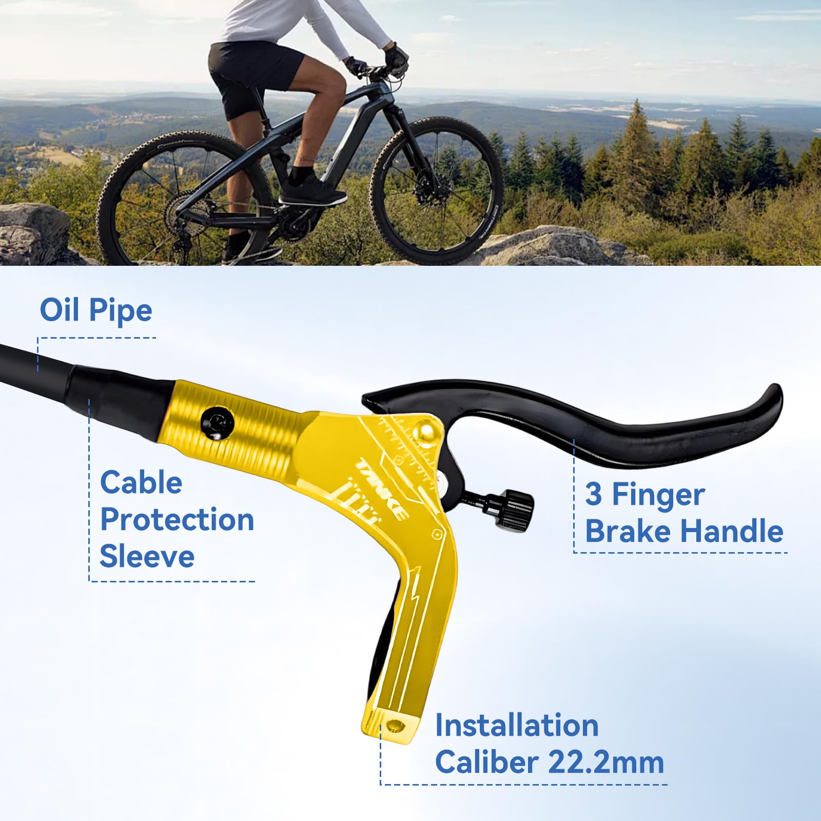 Zestawy hamulców tarczowych do rowerów Buachois, hydrauliczny zestaw hamulców do E-Bike z wirnikami 160 mm, dźwignie ciśnienia oleju 89 cm z lewej i 147 cm z prawej do elektrycznego skutera (złoto)