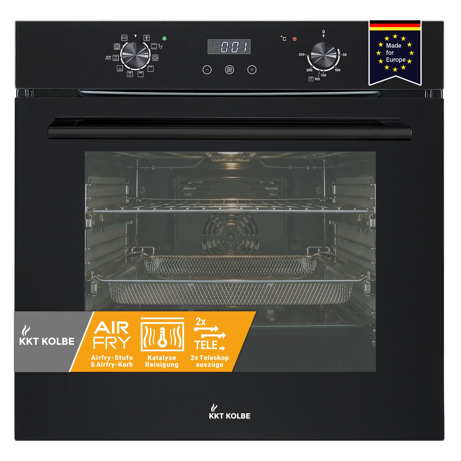 KKT KOLBE Einbaubackofen 60 cm schwarz 73L 3,25kW Heißluftfritteuse Full-Black-Design autark BO7010FB