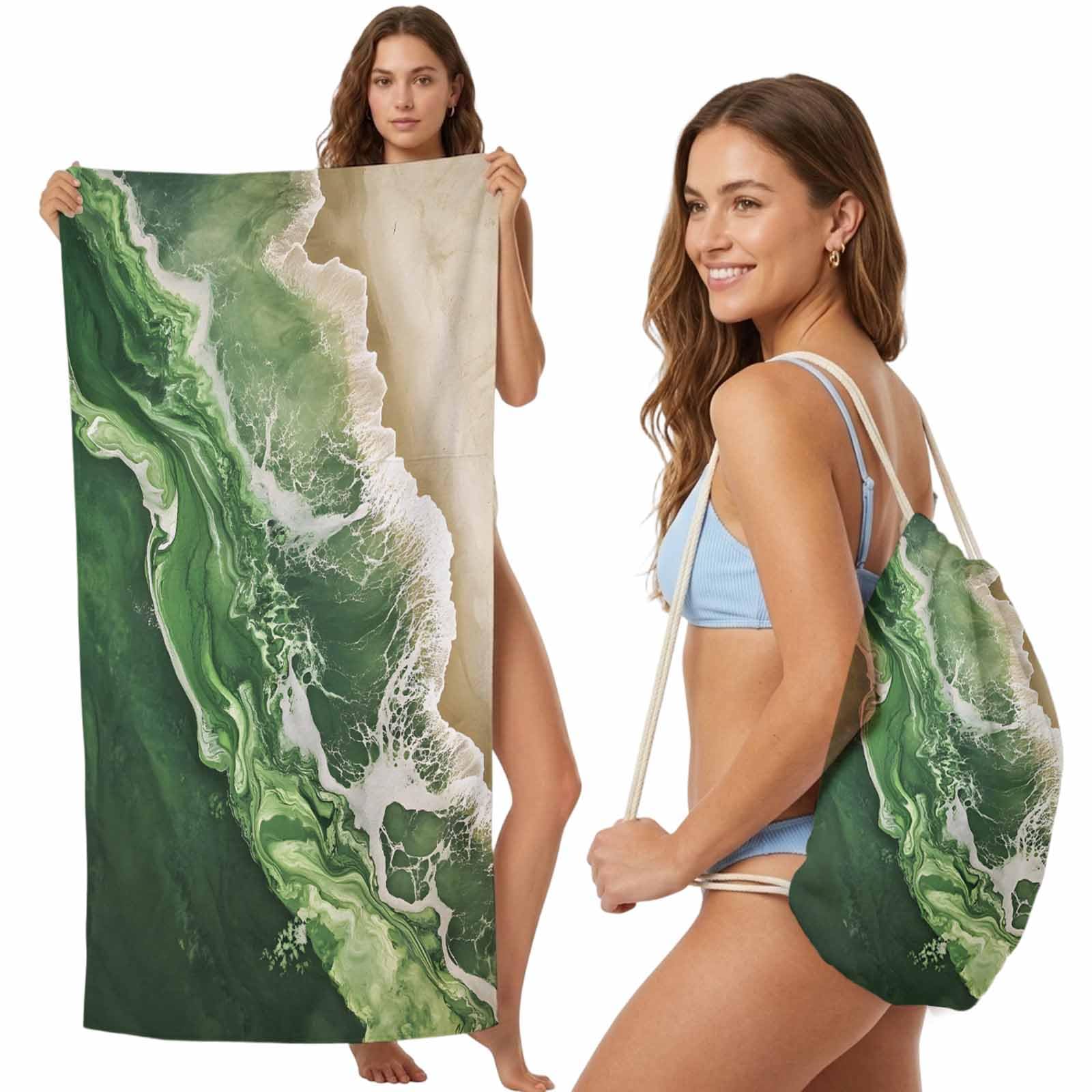 FWJZDSP Beach Towel Backpack, Abstract Green Ocean Wave Effect 2-in-1 Foldable Soft Microfiber Quick Dry Beach Towel 31.5x63in Coastal Seaside Beach Lightweight Pool Towels Bag for Travel, Yoga, Gym