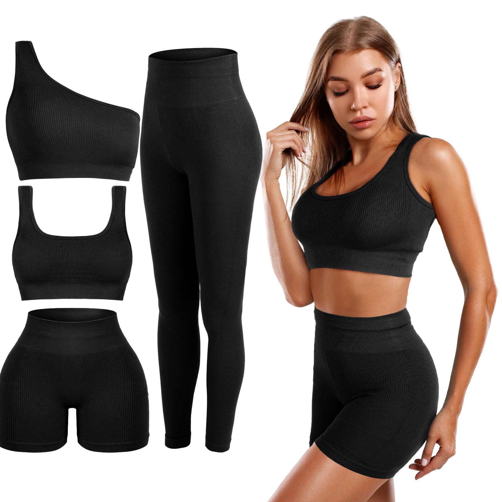 4 Pcs Women's Workout Sets Pilates Exercise Outfit Ribbed Scoop Neck Sports Bra Shorts Leggings Gym Clothes Set