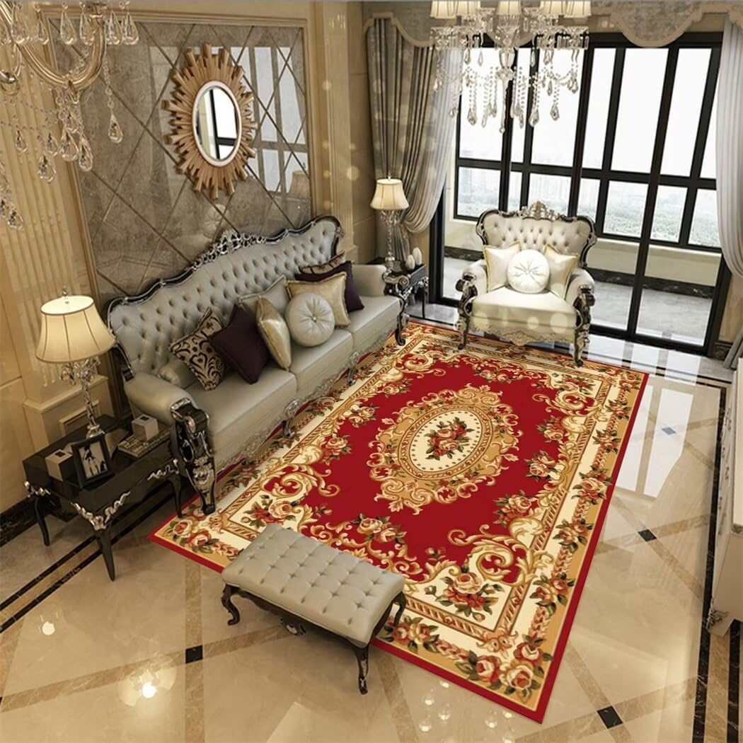 Tapis chambre bébé rouge 120x180 cm à poils courts et motif floral doux