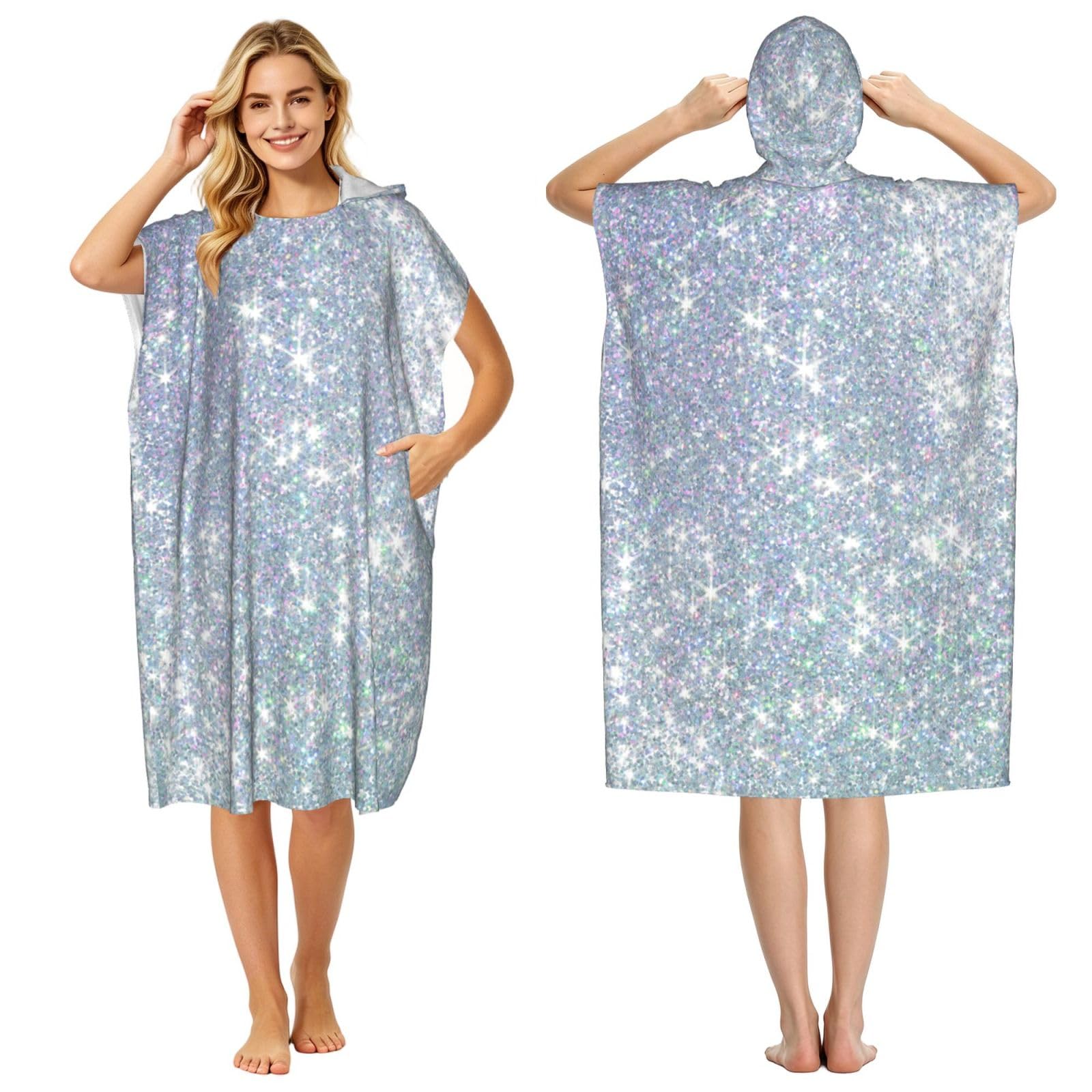 Poadnly Bling Silver Printed Glitter, Adult Hooded Beach Towel 90 x 110 cm,Changing Bath Robe, Surf Poncho Towel For Women Men